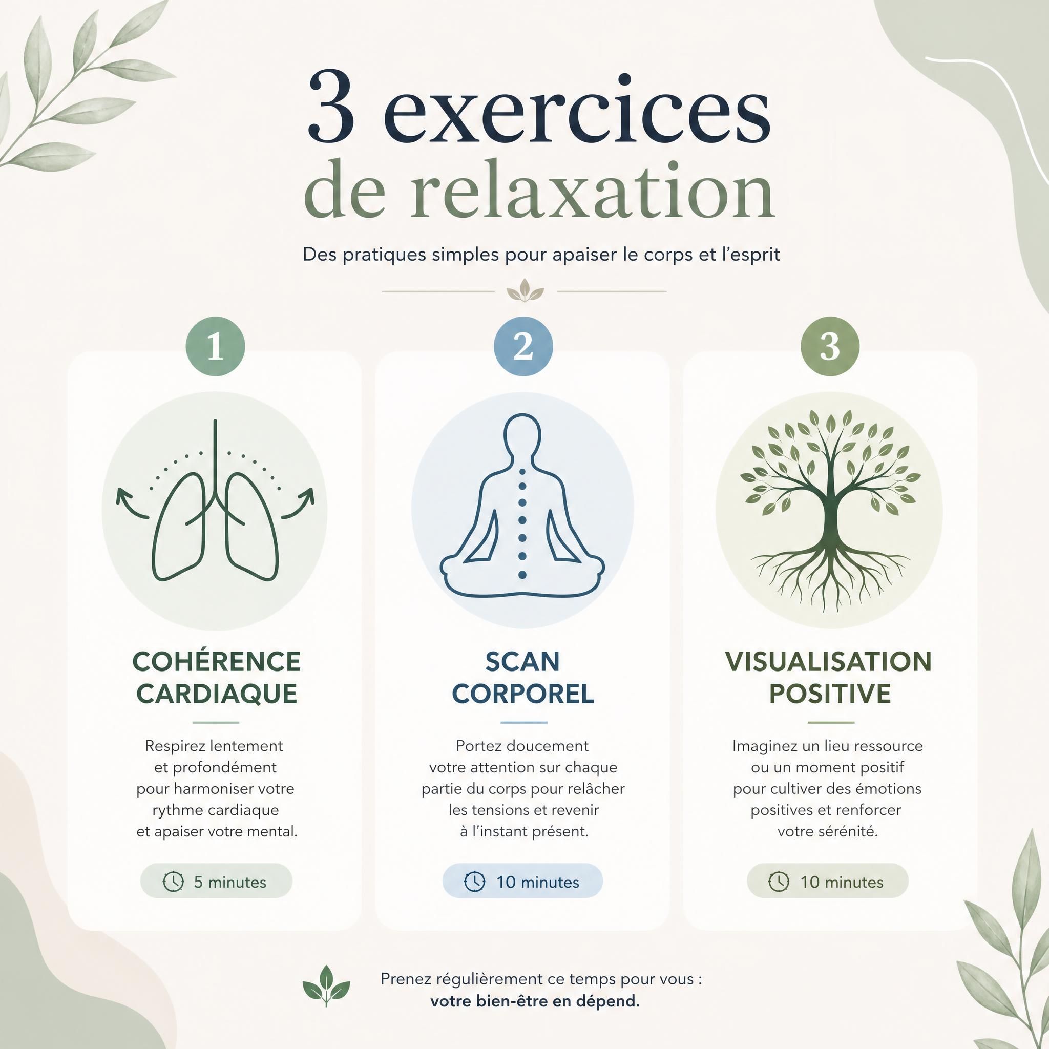infographie bien-être montrant les 3 exercices de relaxation avec icônes symboliques — souffle pour la cohérence cardiaque, silhouette corps pour le scan corporel, arbre enraciné pour la visualisation — fond doux et épuré, style minimaliste
