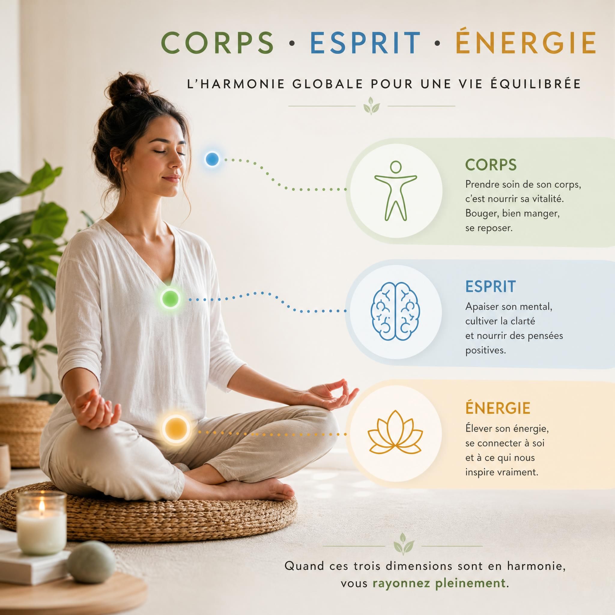 illustration apaisante montrant les trois niveaux corps-esprit-énergie avec des tons doux, lumière naturelle, ambiance bien-être holistique