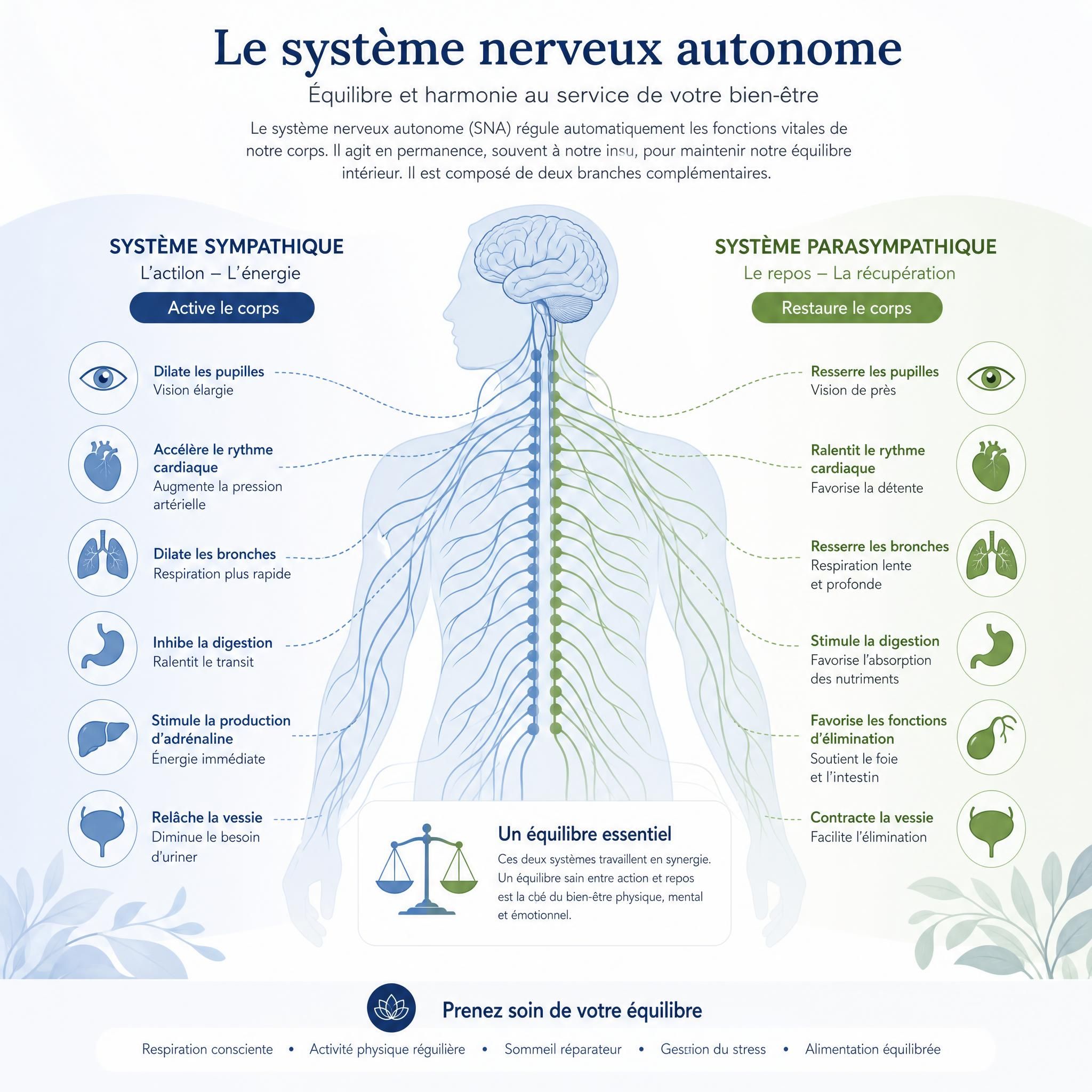 illustration schématique du système nerveux autonome avec les deux branches sympathique et parasympathique, tons apaisants bleu et vert, style infographie bien-être