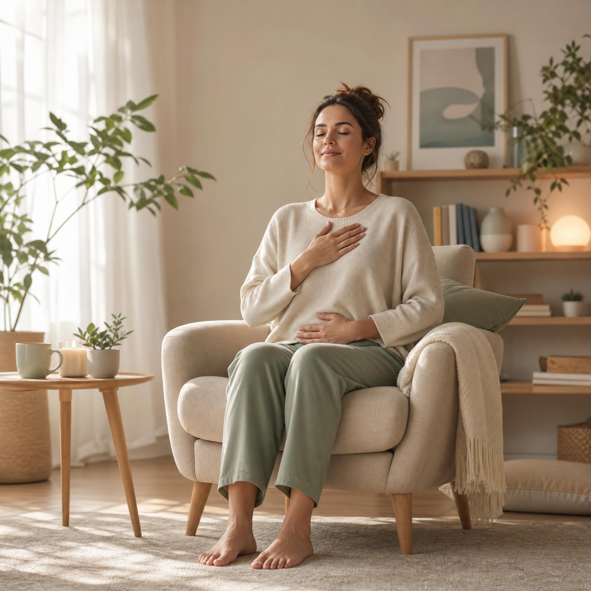 femme pratiquant une visualisation guidée, assise les pieds au sol, expression sereine, lumière douce naturelle, espace intérieur chaleureux et apaisant