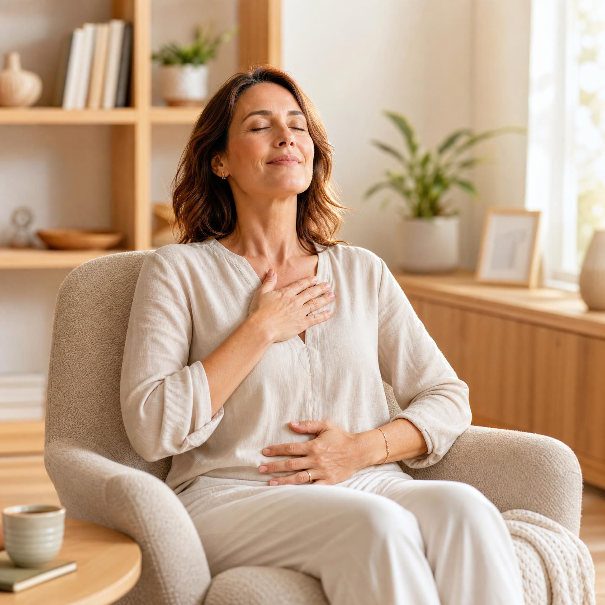 femme d'environ 40 ans pratiquant un exercice de respiration profonde, assise dans un fauteuil confortable, yeux fermés, visage serein, lumière naturelle douce, ambiance chaleureuse tons beige et bois clair