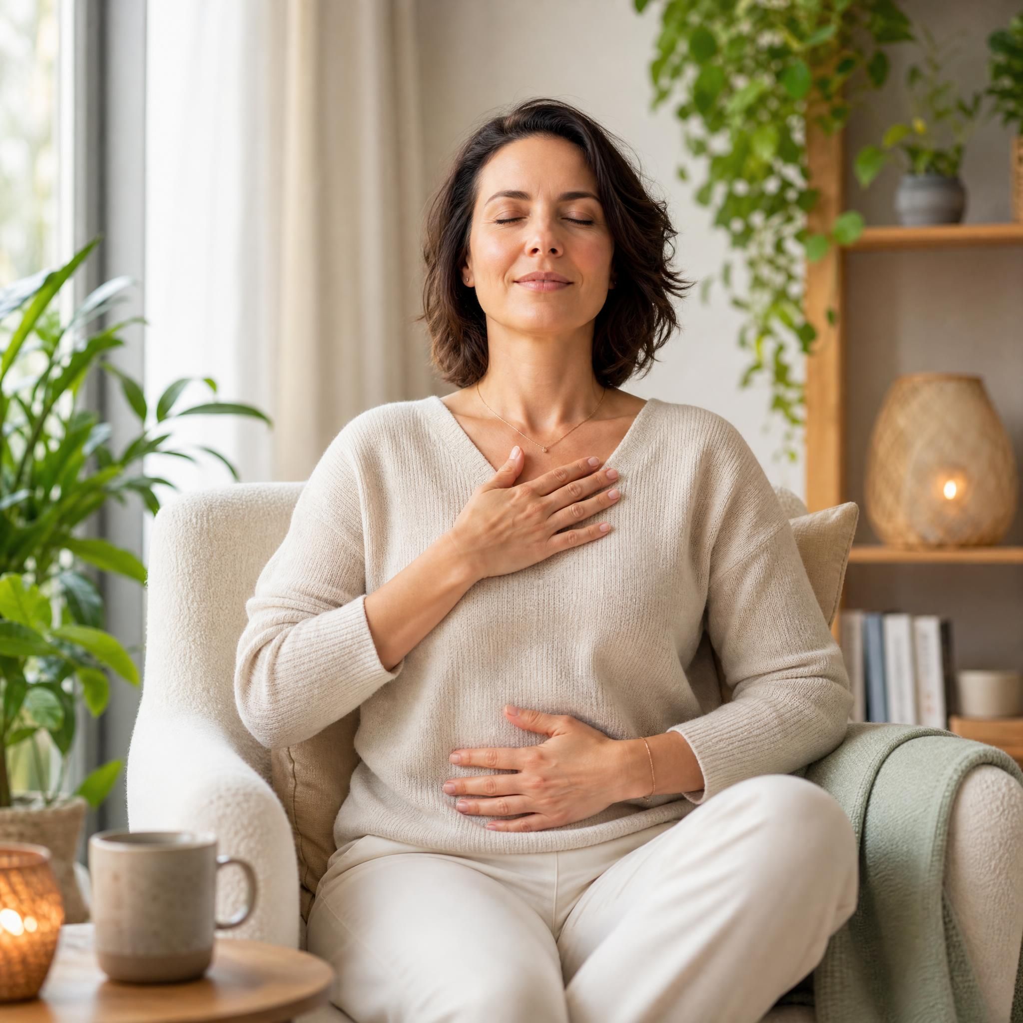 femme d'environ 40 ans, yeux fermés, visage serein, assise dans un fauteuil chaleureux, pratiquant un exercice de respiration profonde, lumière naturelle douce, ambiance bien-être et sécurité intérieure