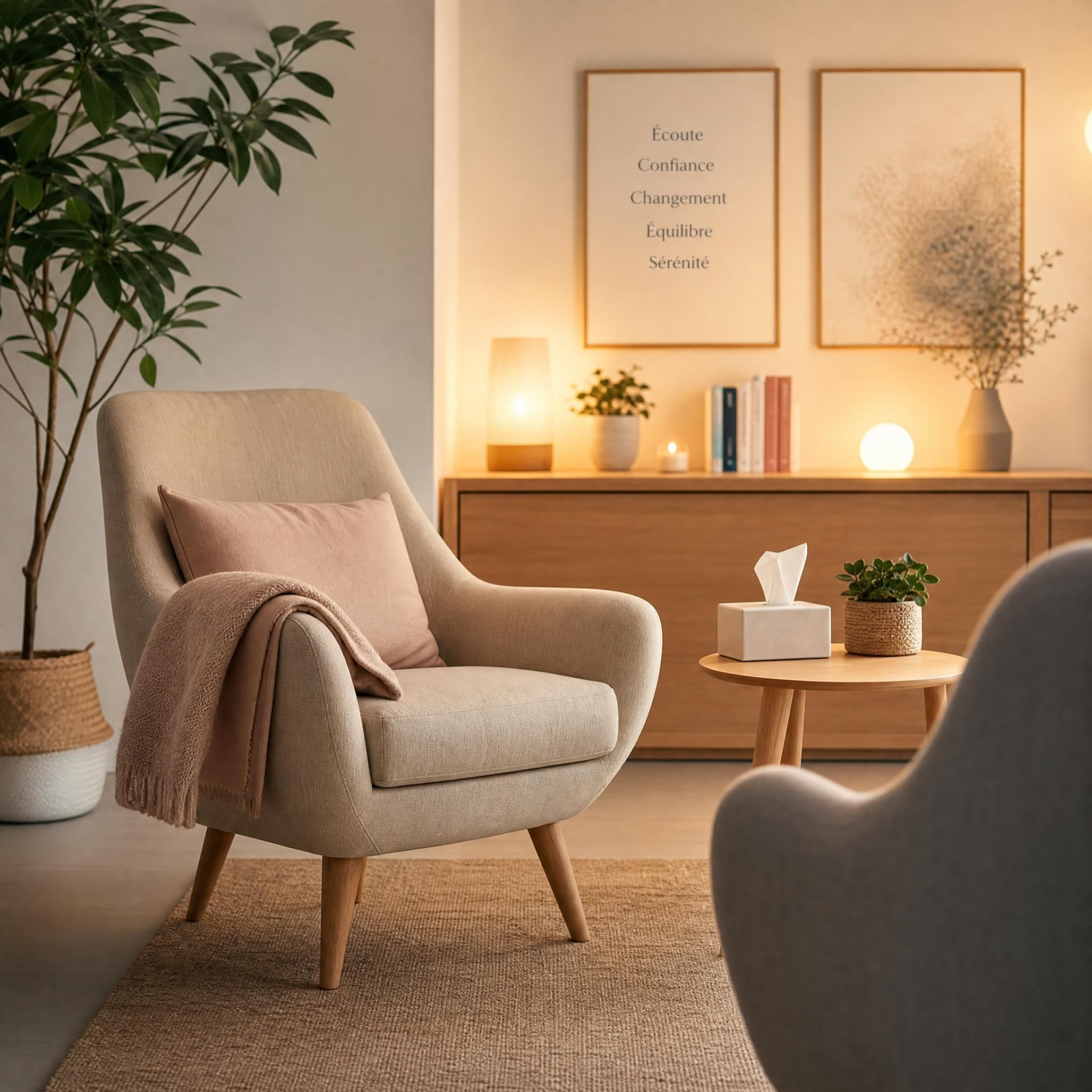 espace de consultation chaleureux et apaisant d'une hypnothérapeute, fauteuil confortable, lumière tamisée, plante verte, ambiance de sécurité et de confiance, sans spirale ni pendule