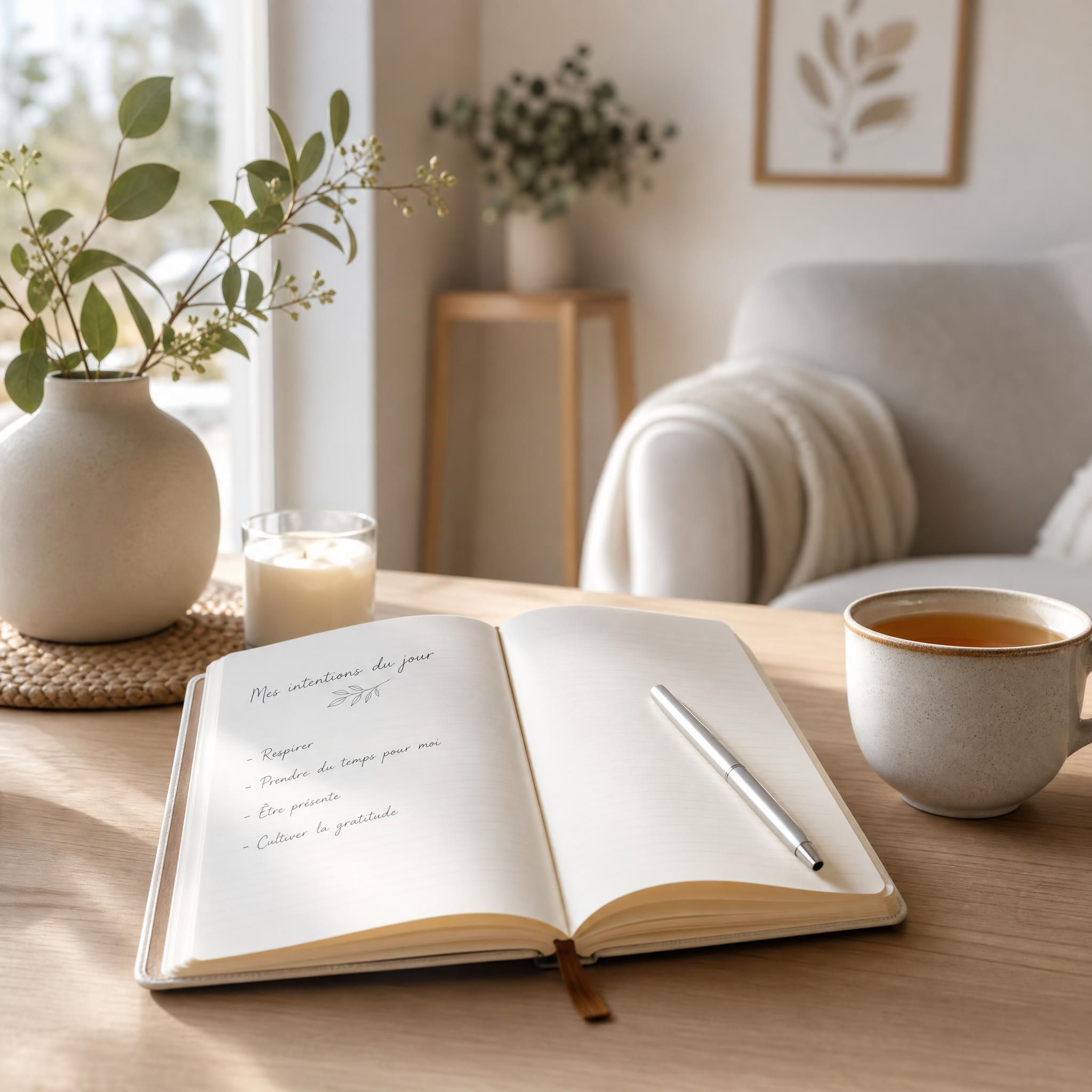 vue d'ensemble d'un espace de relaxation quotidien : carnet ouvert, tasse de thé, lumière naturelle douce, ambiance minimaliste et apaisante