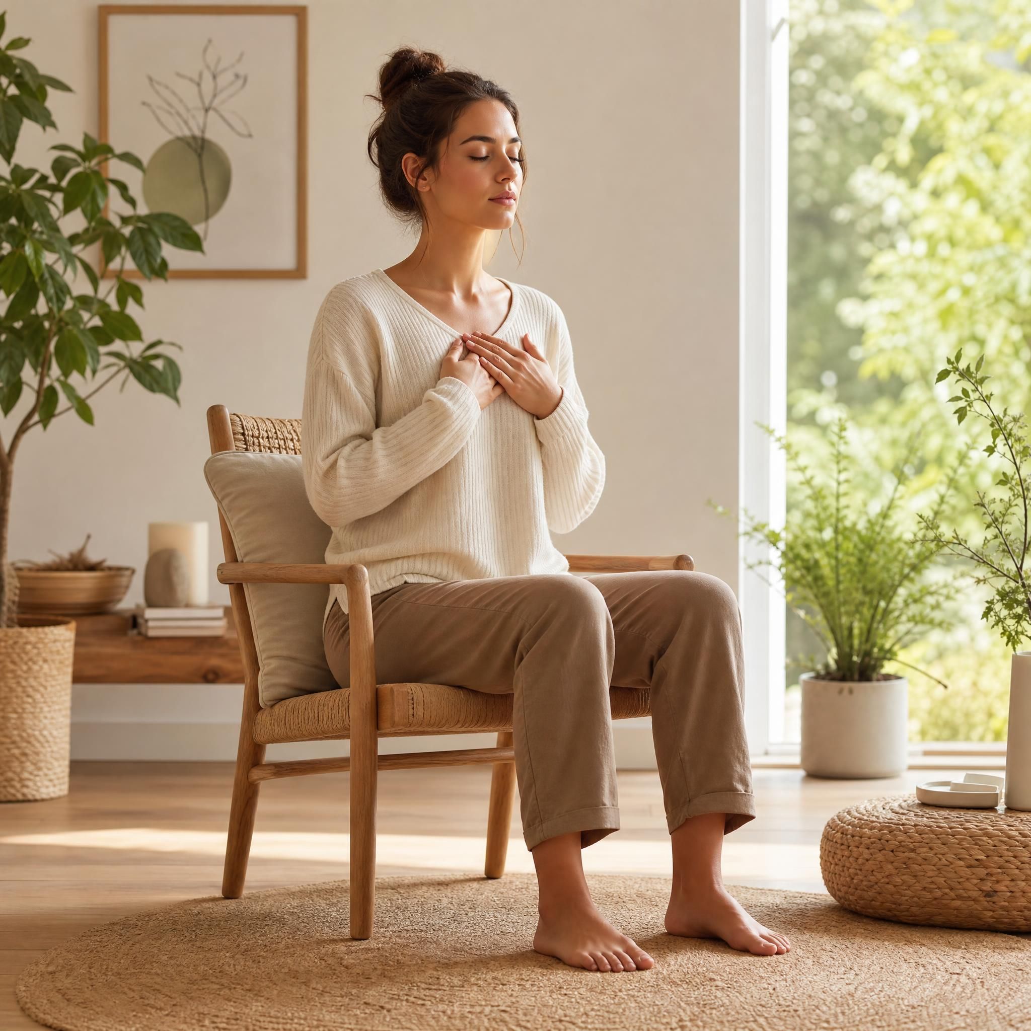 femme assise les pieds à plat sur le sol dans un espace naturel lumineux, regard tourné vers l'intérieur, posture ancrée et sereine, évoquant la stabilité et la connexion à soi
