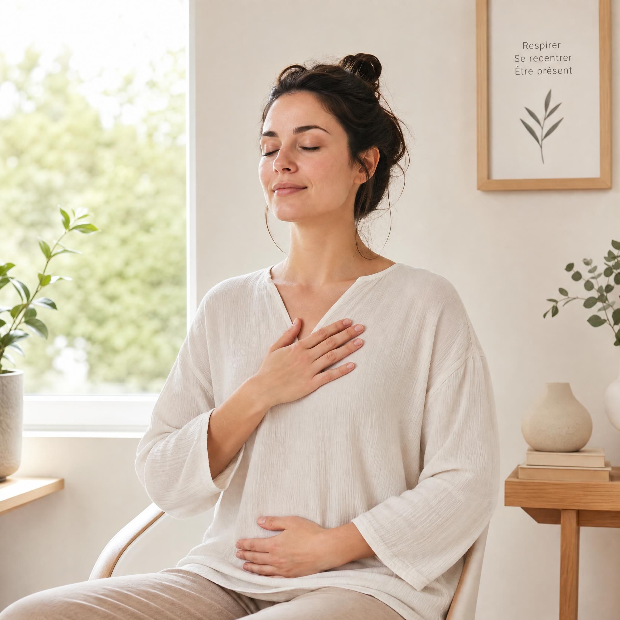 illustration apaisante d'une personne pratiquant la cohérence cardiaque, main posée sur le cœur, lumière naturelle douce, ambiance minimaliste et sereine