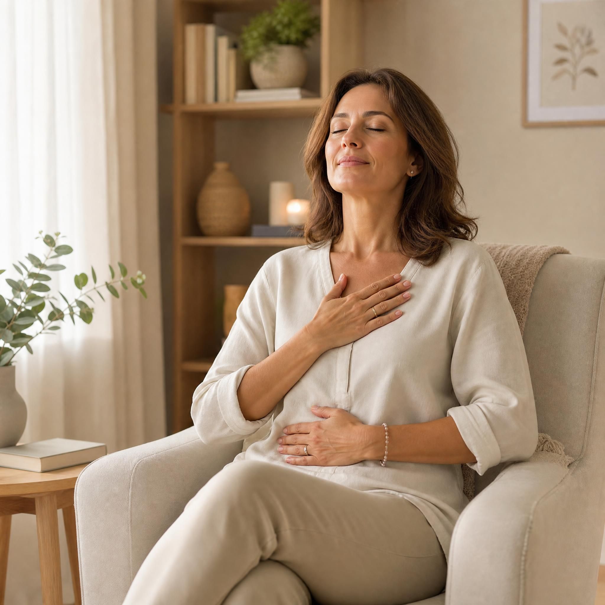 femme d'environ 40 ans assise dans un fauteuil confortable, yeux fermés, visage serein, pratiquant un exercice de respiration profonde dans un espace chaleureux aux tons beige et bois clair, lumière naturelle douce