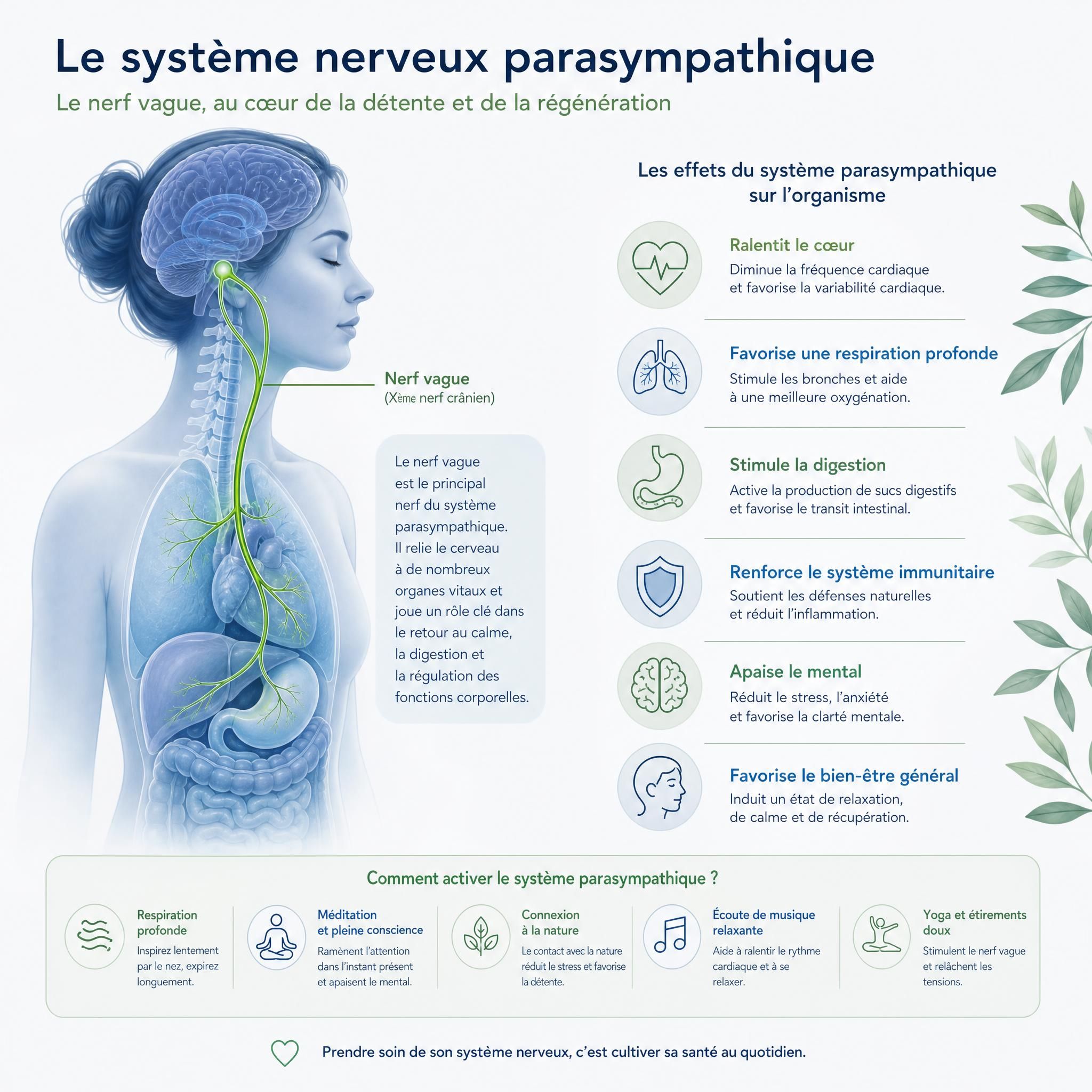illustration scientifique apaisante montrant le système nerveux parasympathique, nerf vague, représentation graphique douce et pédagogique en tons bleus et verts