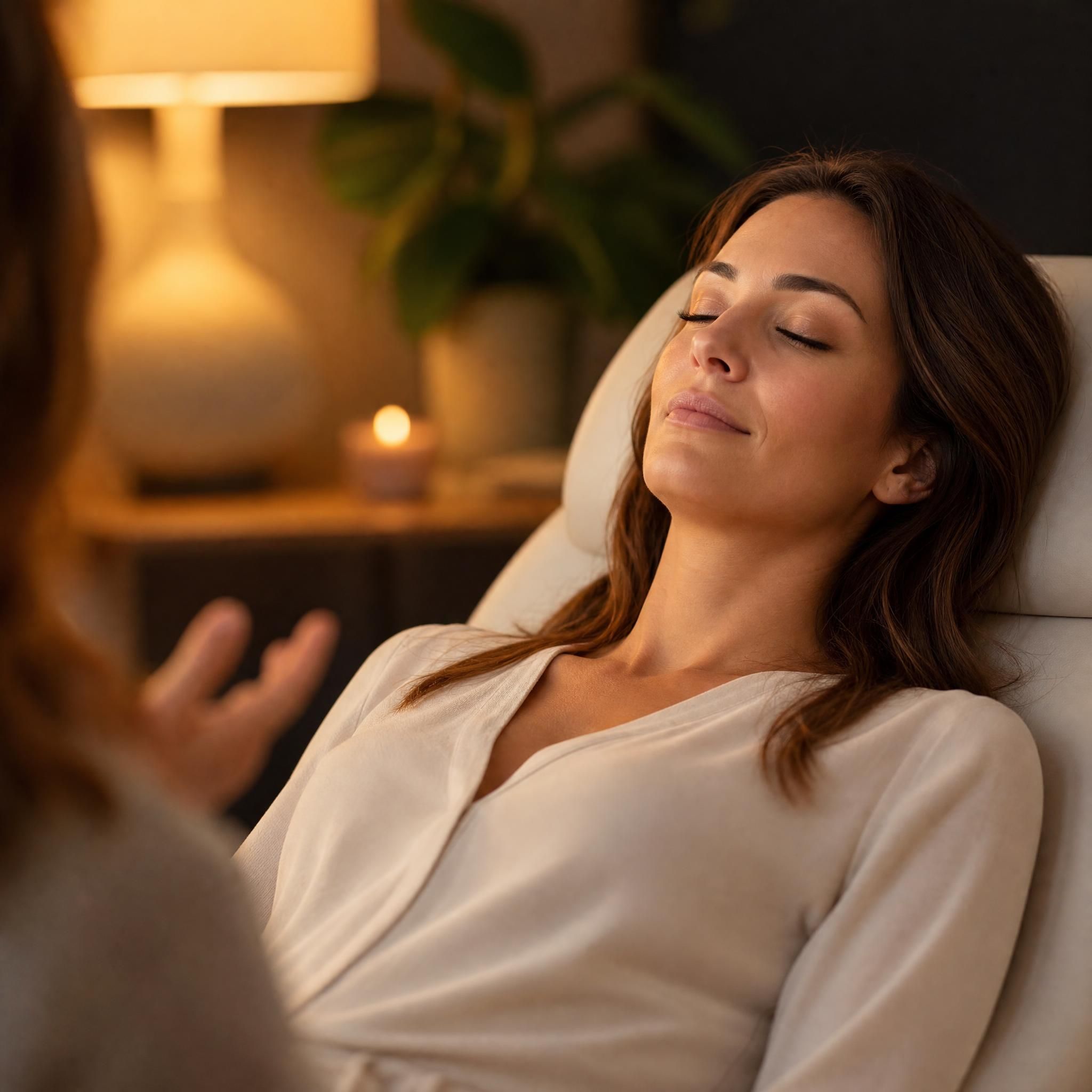 Vue rapprochée d'une femme allongée dans un fauteuil de cabinet d'hypnose, expression apaisée, lumière tamisée dorée, atmosphère de confiance et de bienveillance profonde