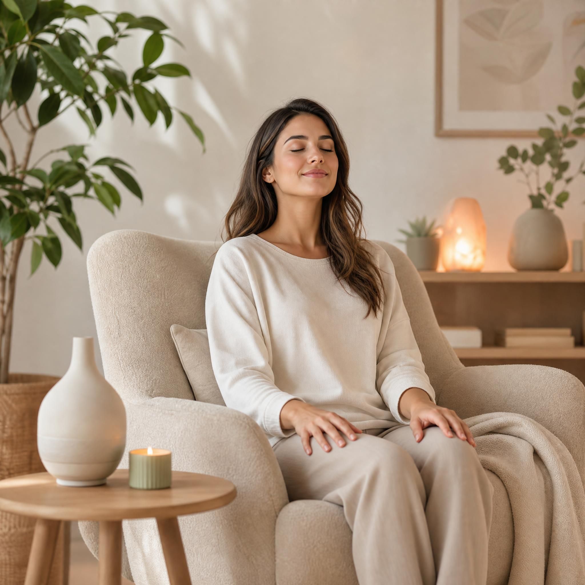 Femme assise en position détendue dans un fauteuil confortable, yeux fermés, mains posées sur les genoux, lumière douce, ambiance apaisante d'un espace de bien-être intérieur