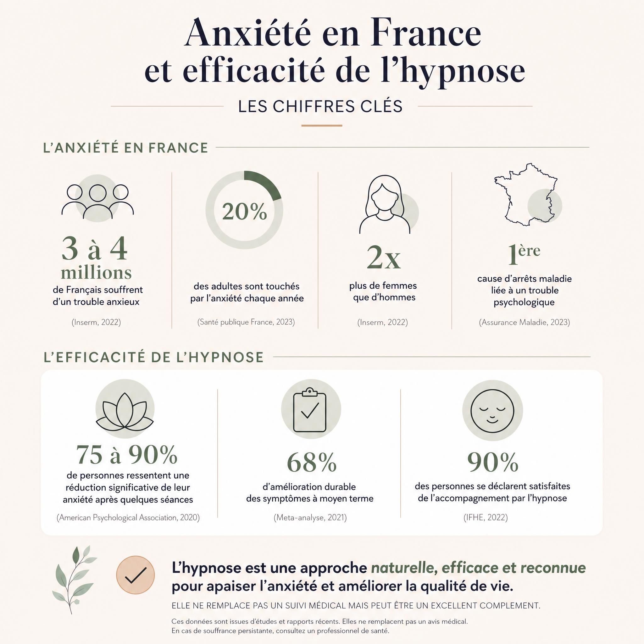 Infographie épurée sur fond beige clair illustrant les chiffres clés de l'anxiété en France et de l'efficacité de l'hypnose, style graphique minimaliste et professionnel