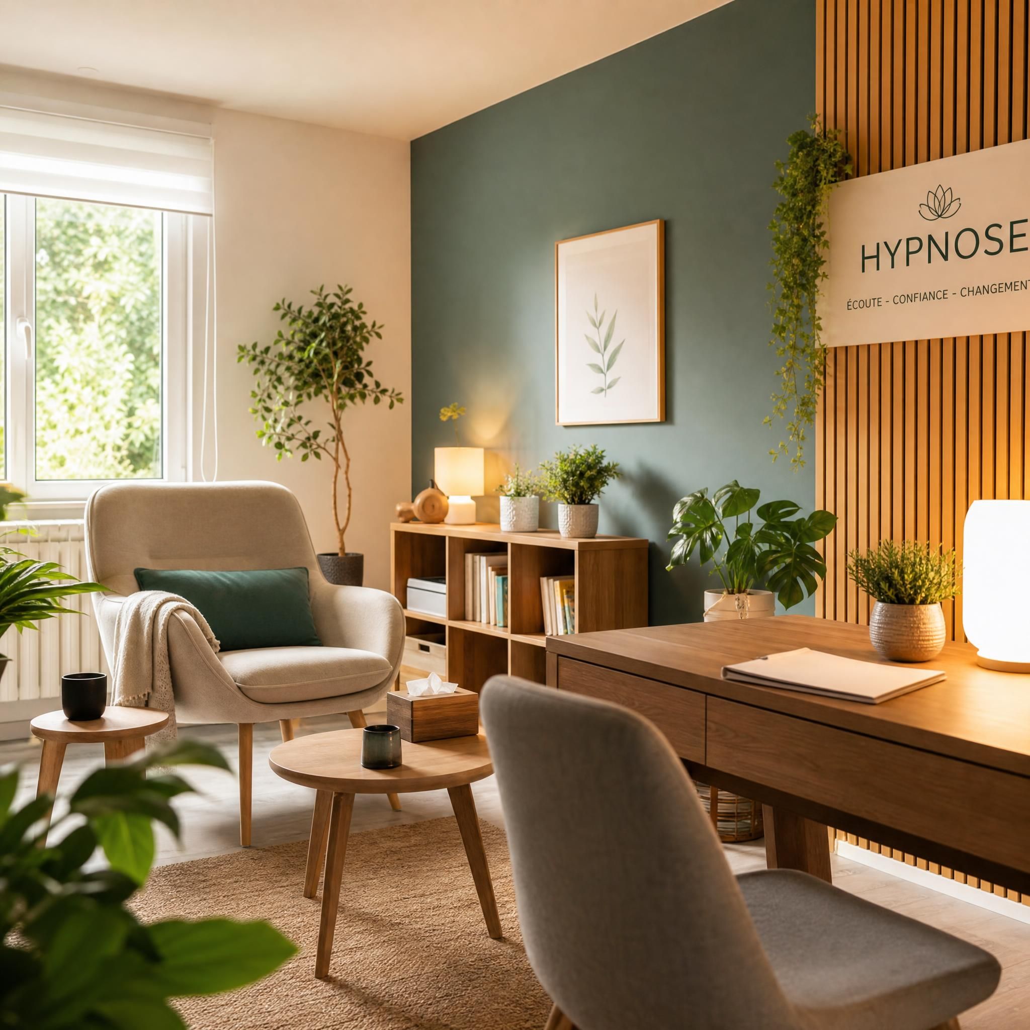 Vue d'ensemble d'un cabinet d'hypnose moderne et chaleureux, fauteuil confortable, lumière naturelle douce, plantes vertes, ambiance apaisante et professionnelle, format horizontal 16:9