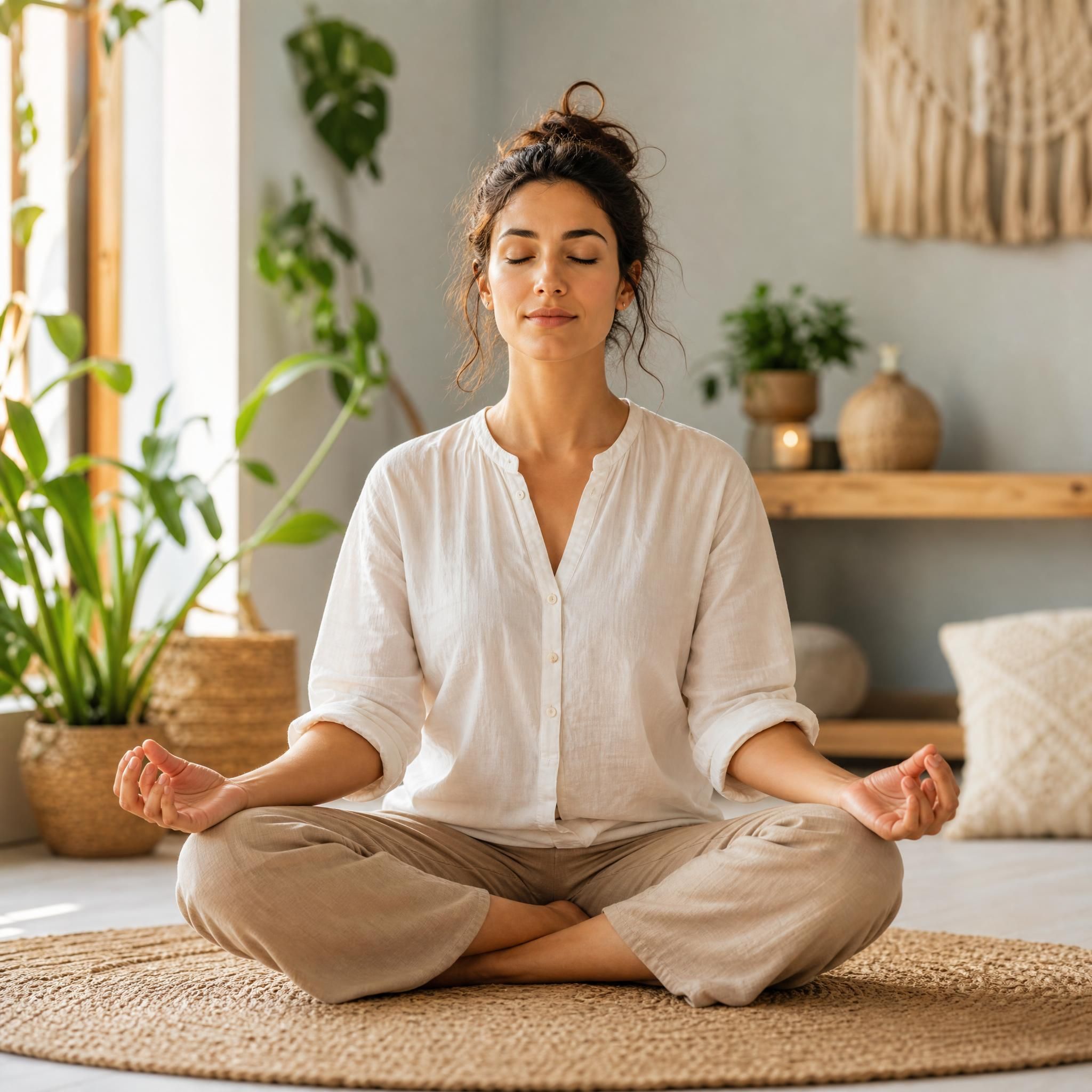 Femme en position assise, yeux fermés, mains posées sur les genoux, expression apaisée et concentrée, lumière naturelle douce, ambiance méditative dans un espace chaleureux
