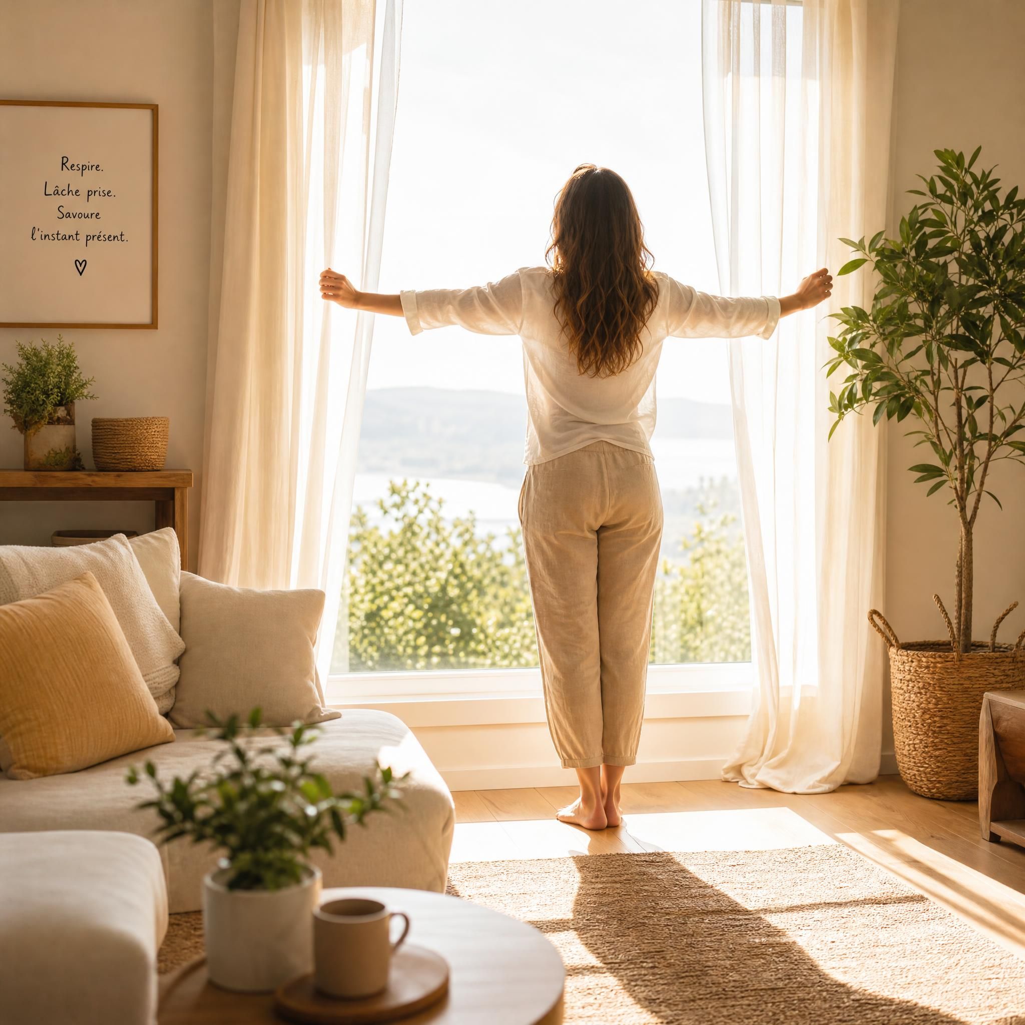 Femme debout face à une fenêtre lumineuse dans un intérieur chaleureux, posture ouverte et détendue, expression de paix intérieure retrouvée, lumière naturelle en contre-jour doux, plan large format horizontal