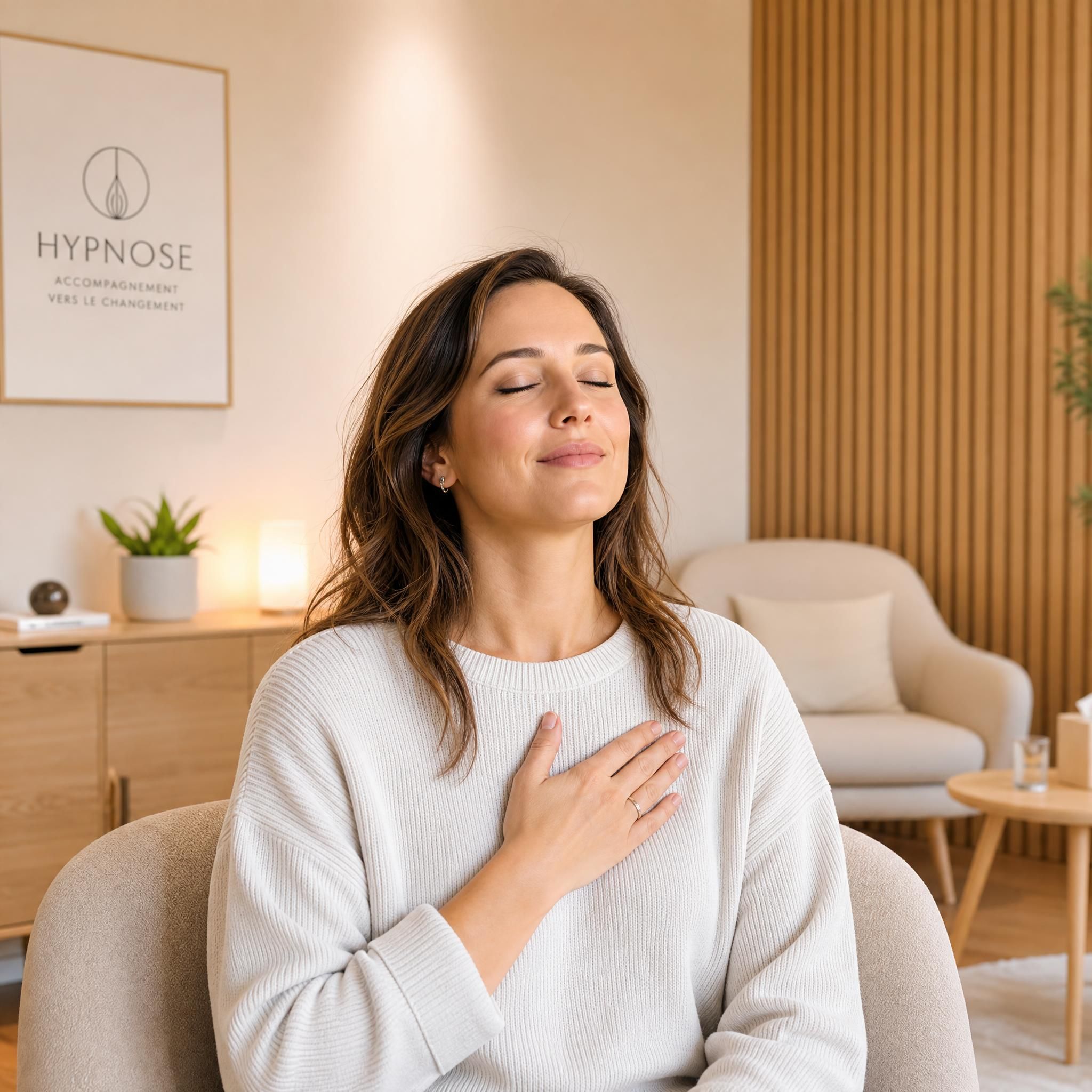 Femme d'une trentaine d'années, sereine, posant la main sur sa poitrine, yeux mi-clos, expression de soulagement profond dans un cabinet d'hypnose moderne aux tons beige et bois clair