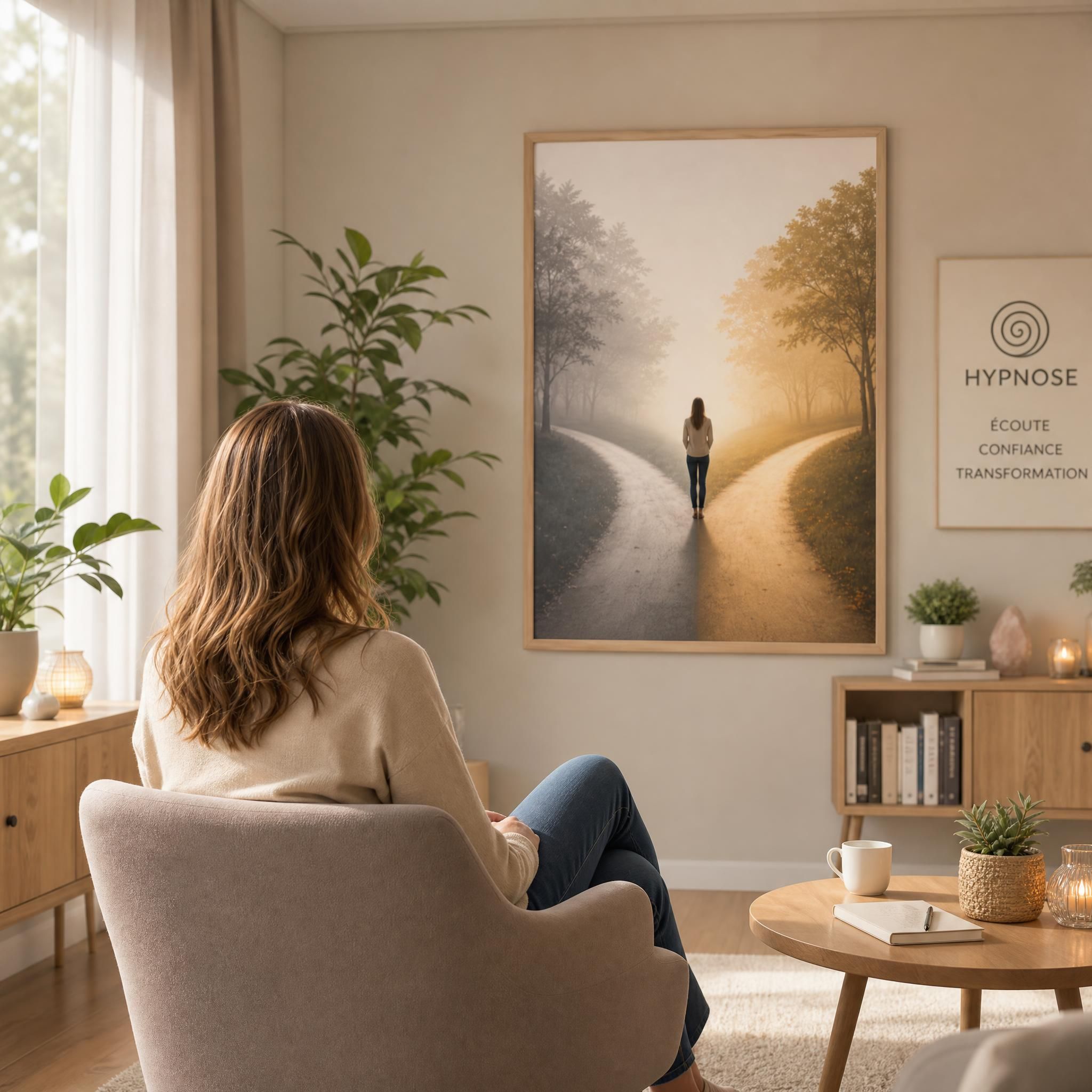 Femme sereine assise dans un cabinet d'hypnose moderne et chaleureux, regardant deux chemins symboliques, lumière naturelle douce, tons beige et bois clair, format horizontal 16:9