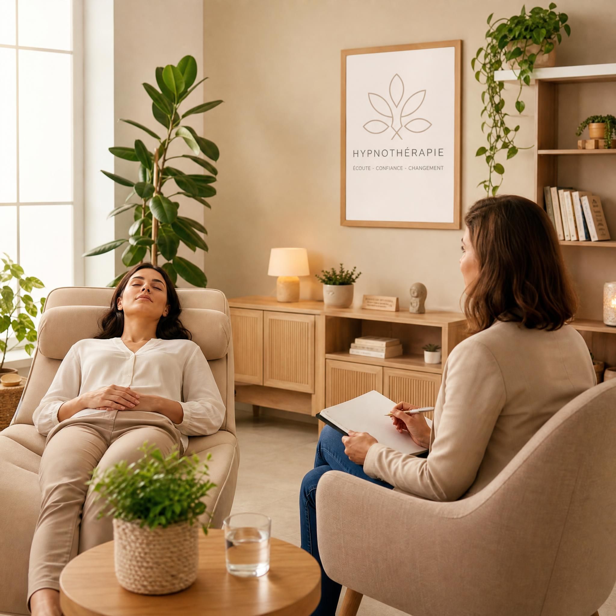 Hypnothérapeute et cliente en séance dans un cabinet moderne et chaleureux, tons beige et bois clair, plantes vertes, lumière naturelle douce, ambiance de confiance et de bienveillance, plan moyen, format horizontal 16:9