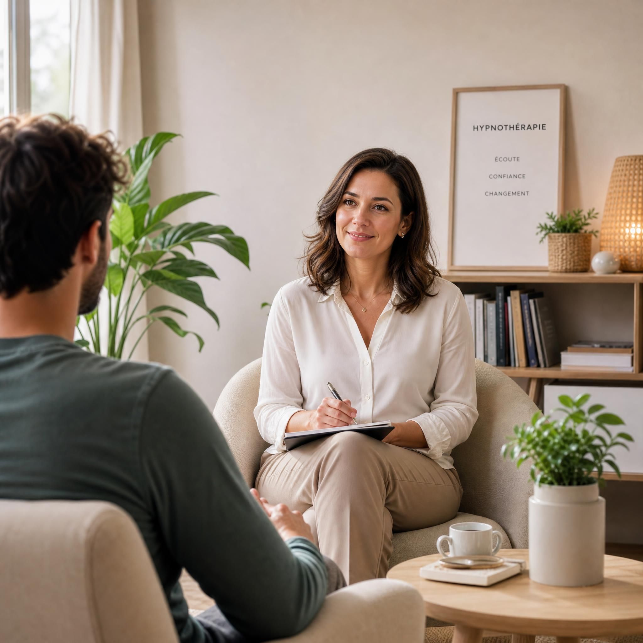 Praticienne hypnothérapeute en consultation avec un patient dans un cabinet moderne et chaleureux, ambiance bienveillante et professionnelle, lumière naturelle douce, tons beige et plantes vertes, plan moyen format 16:9