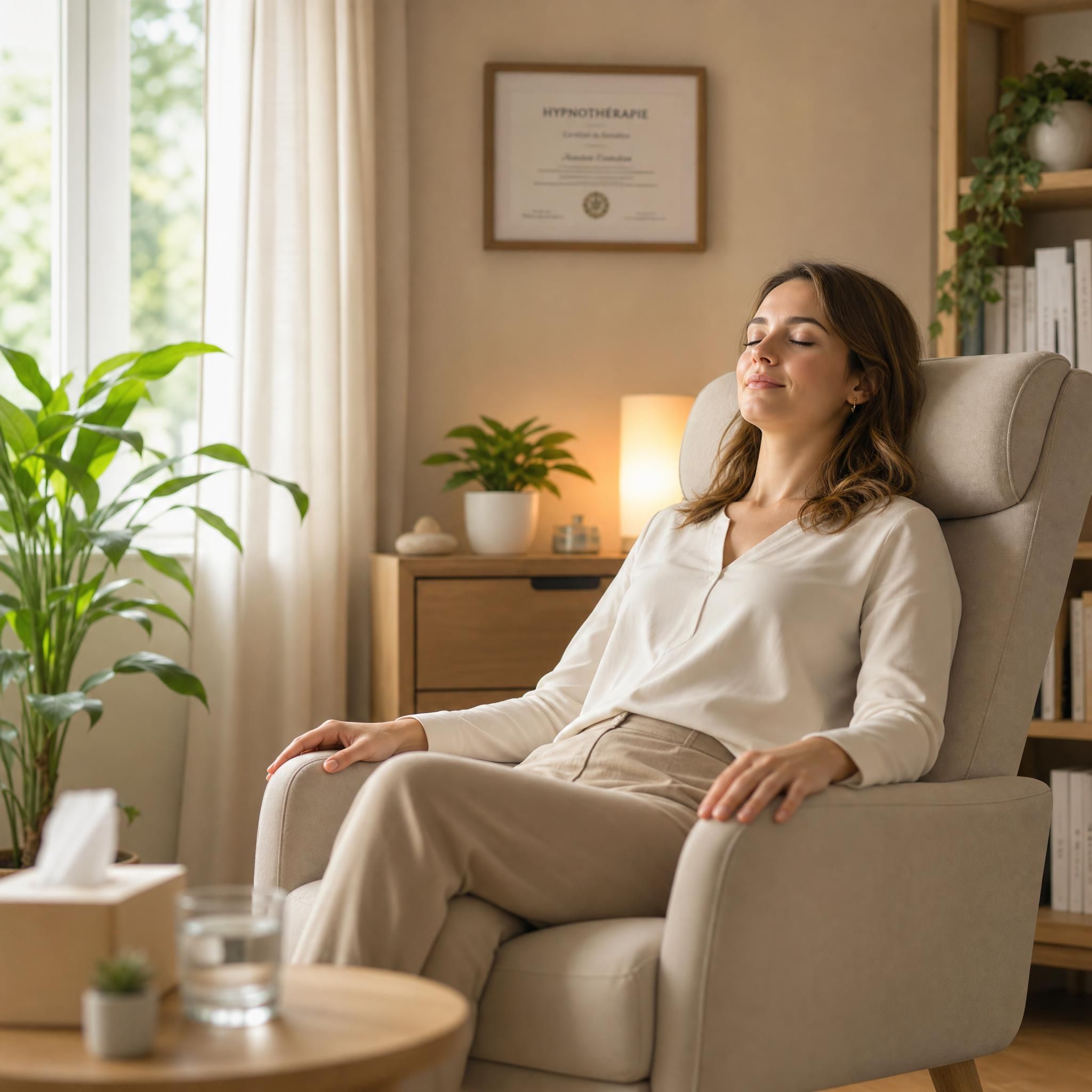 Femme assise dans un fauteuil confortable d'un cabinet d'hypnose chaleureux, yeux fermés, expression sereine et détendue, lumière naturelle douce, tons beige et bois clair, plan moyen format 16:9