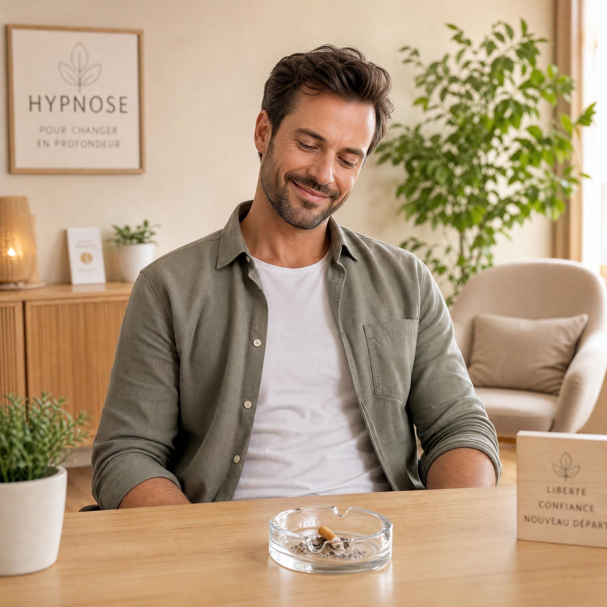 Homme souriant qui regarde une cigarette écrasée dans un cendrier, expression de liberté et de fierté, cabinet hypnose moderne chaleureux aux tons beige et bois clair, lumière naturelle douce, plan moyen format 16:9