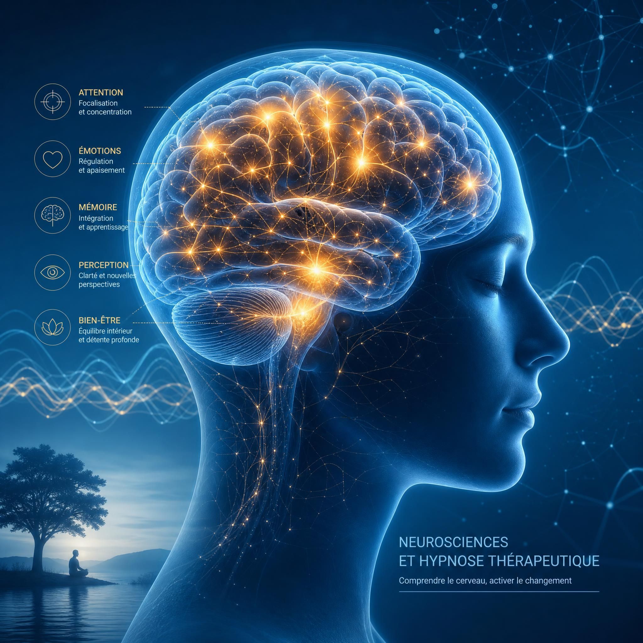 Représentation artistique du cerveau humain avec zones lumineuses activées, tons bleus et dorés, ambiance scientifique et apaisante, illustrant les neurosciences de l'hypnose thérapeutique, format horizontal 16:9