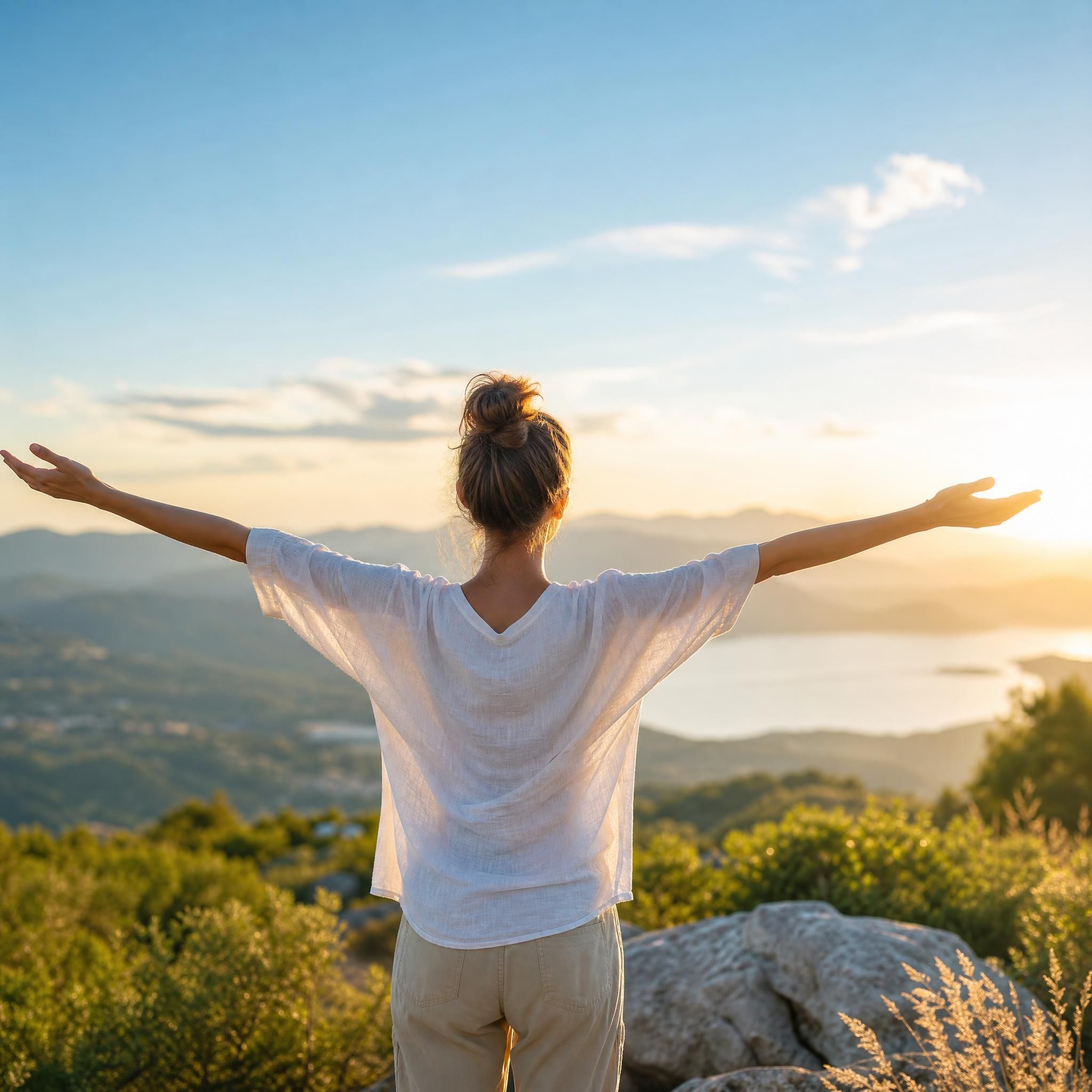 Femme de dos face à un paysage naturel ouvert et lumineux, symbolisant la libération émotionnelle et la cohérence intérieure retrouvée après un travail en hypnose thérapeutique