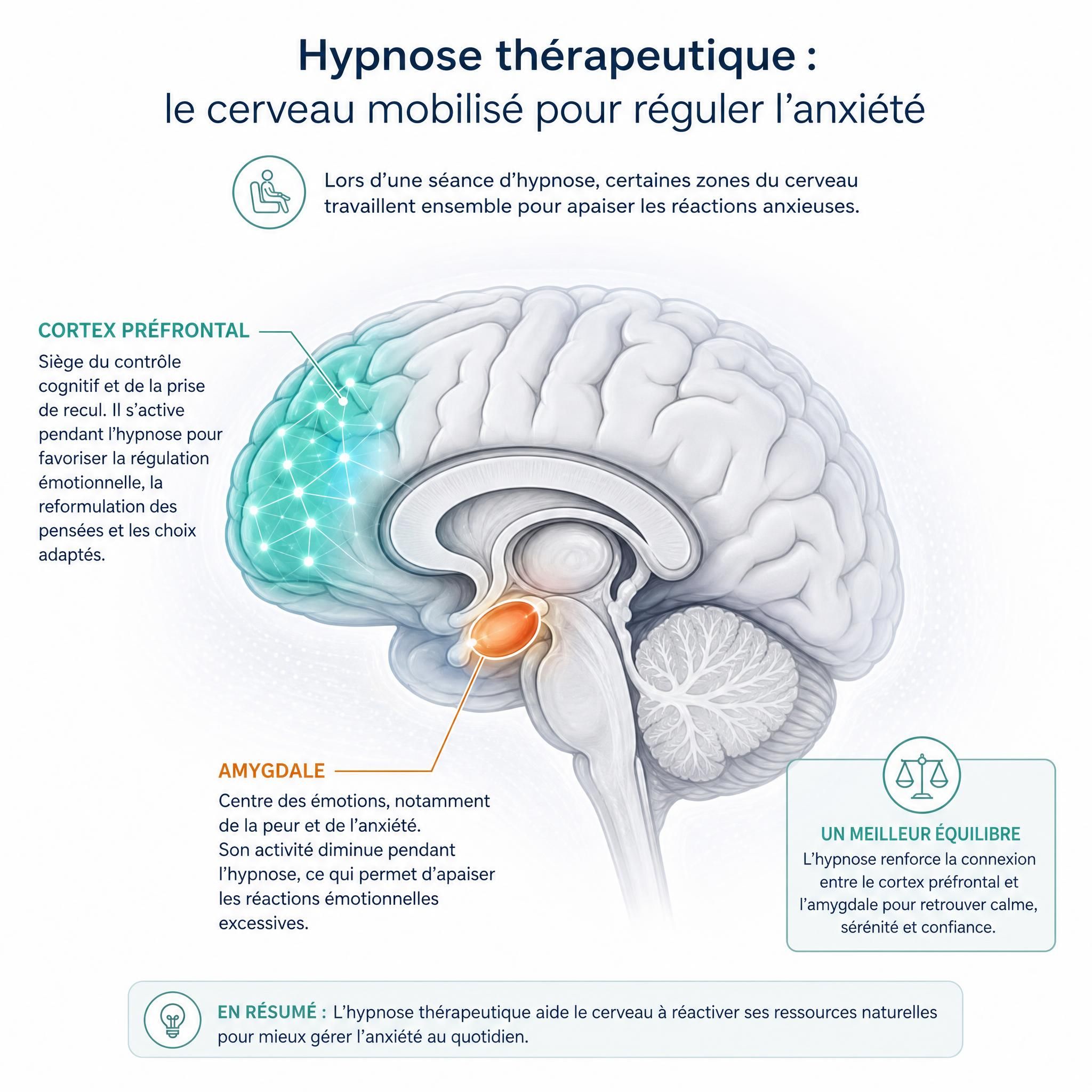 Illustration schématique du cerveau avec les zones de l'amygdale et du cortex préfrontal activées lors d'une séance d'hypnose thérapeutique pour réguler l'anxiété