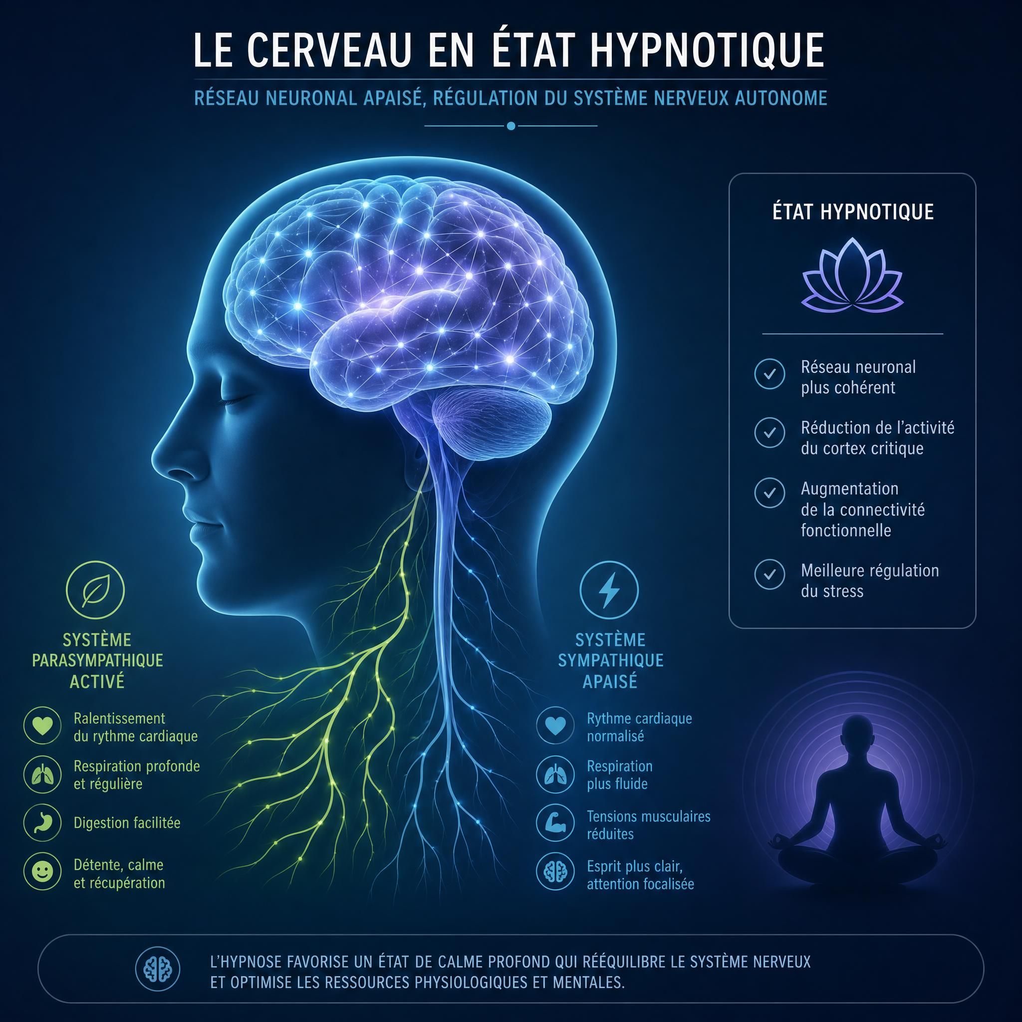 Illustration du cerveau en état hypnotique - réseau neuronal apaisé, régulation du système nerveux autonome