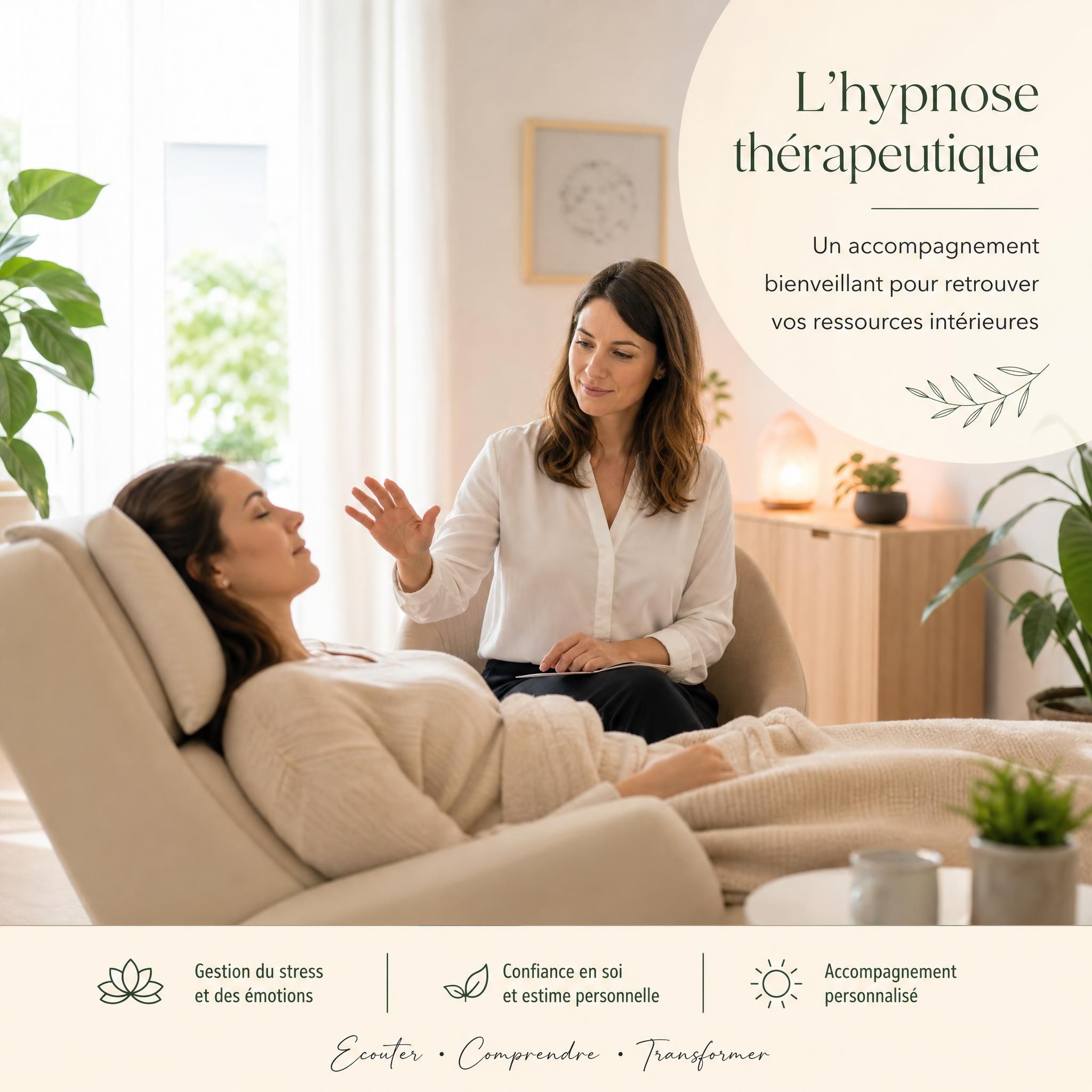 Praticienne en hypnose thérapeutique guidant une cliente, ambiance chaleureuse et sécurisante, cabinet lumineux