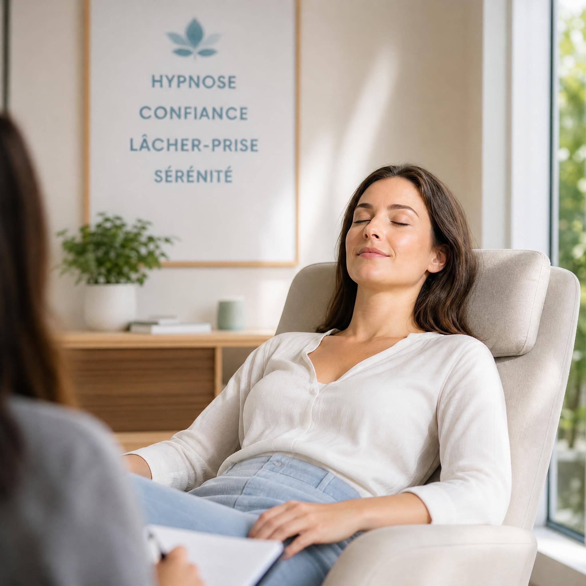 Femme sereine après une séance d'hypnose, expression apaisée, lumière naturelle, sentiment de légèreté