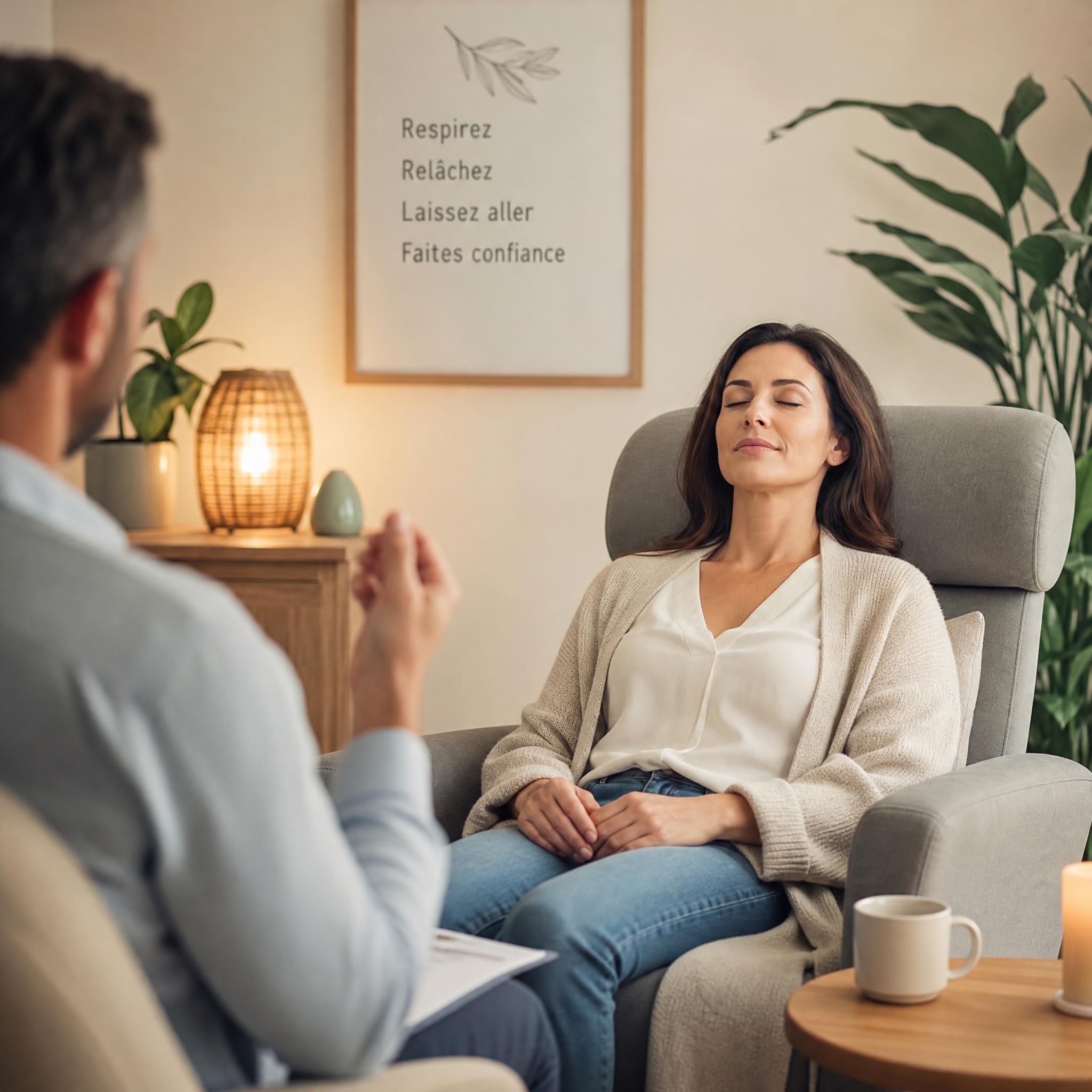 Femme assise dans un espace calme, les yeux fermés, en état de détente profonde lors d'une séance d'hypnose thérapeutique pour l'anxiété