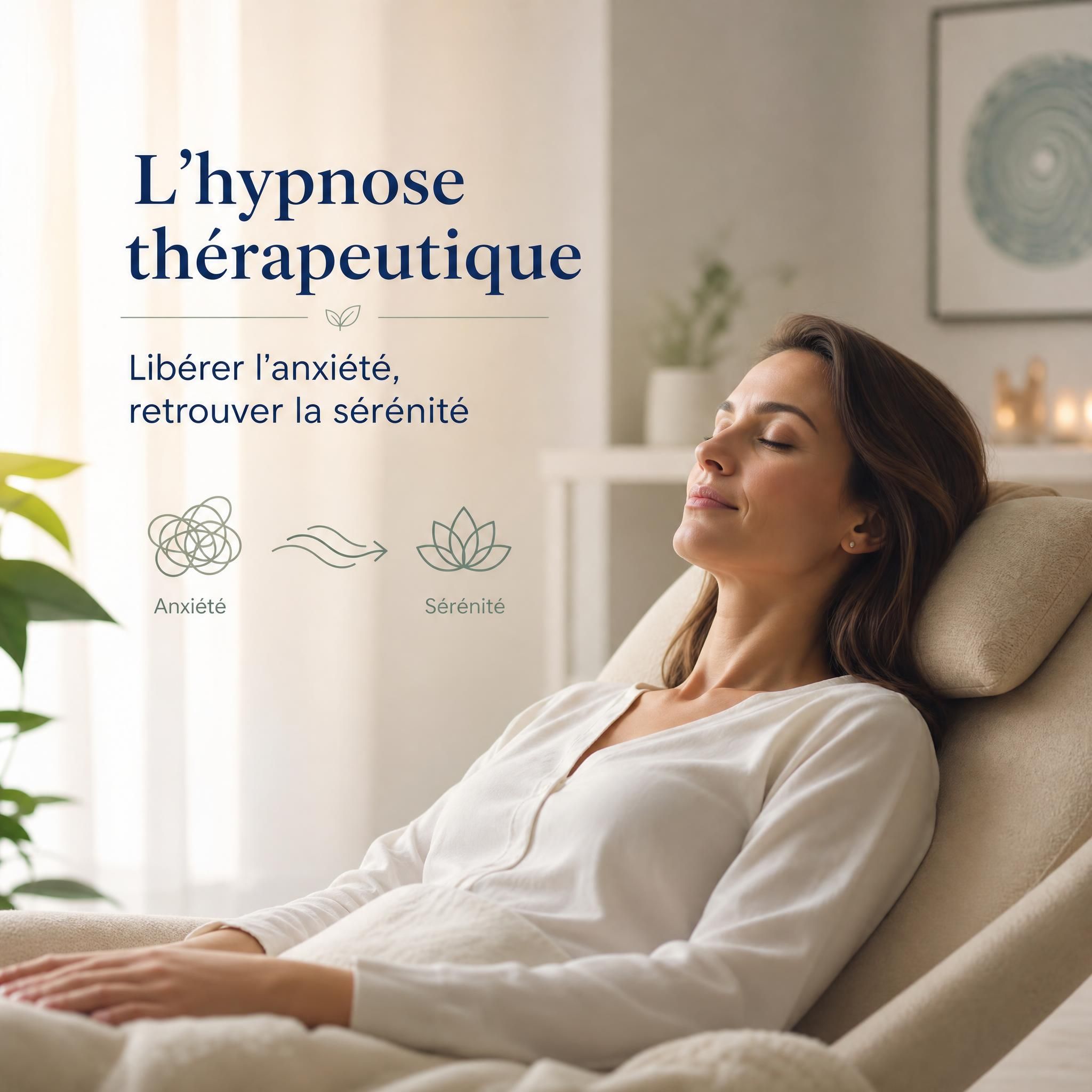 Femme en état de détente profonde pratiquant l'hypnose thérapeutique pour libérer l'anxiété, lumière douce et apaisante