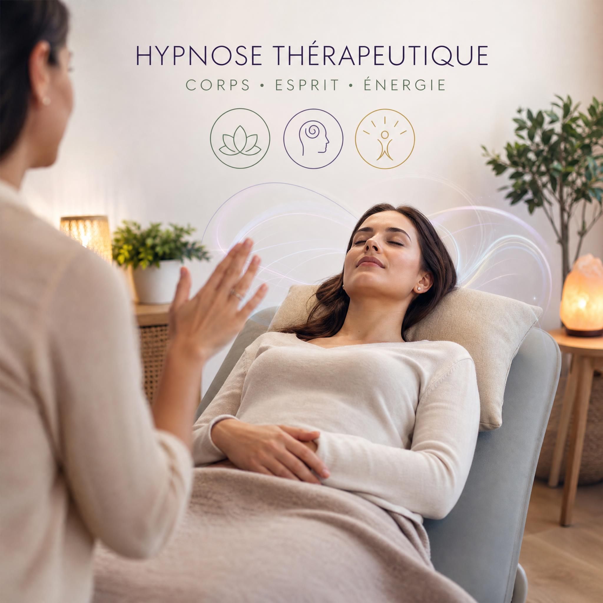 femme en état de relaxation profonde lors d'une séance d'hypnose thérapeutique, lumière douce et apaisante, approche corps-esprit-énergie