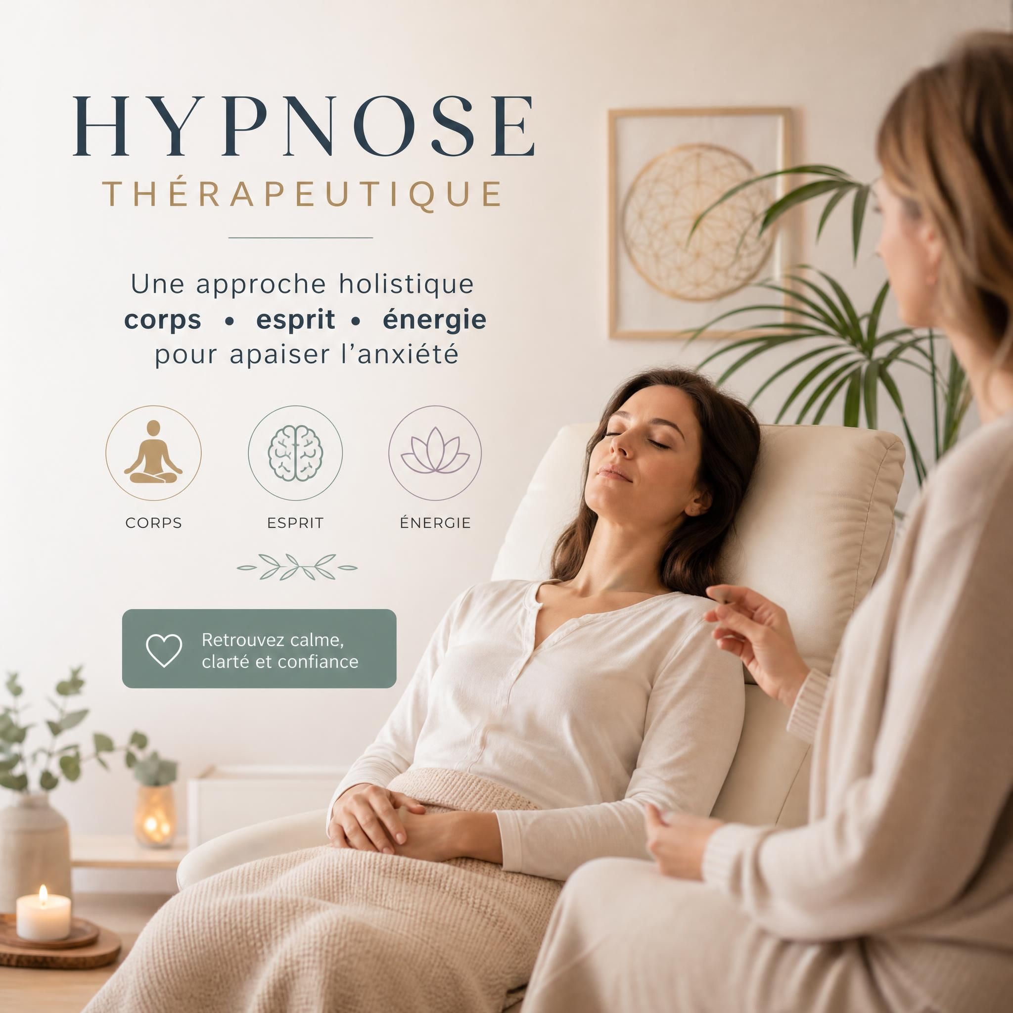 Femme sereine en séance d'hypnose thérapeutique, lumière douce, approche corps-esprit-énergie pour l'anxiété