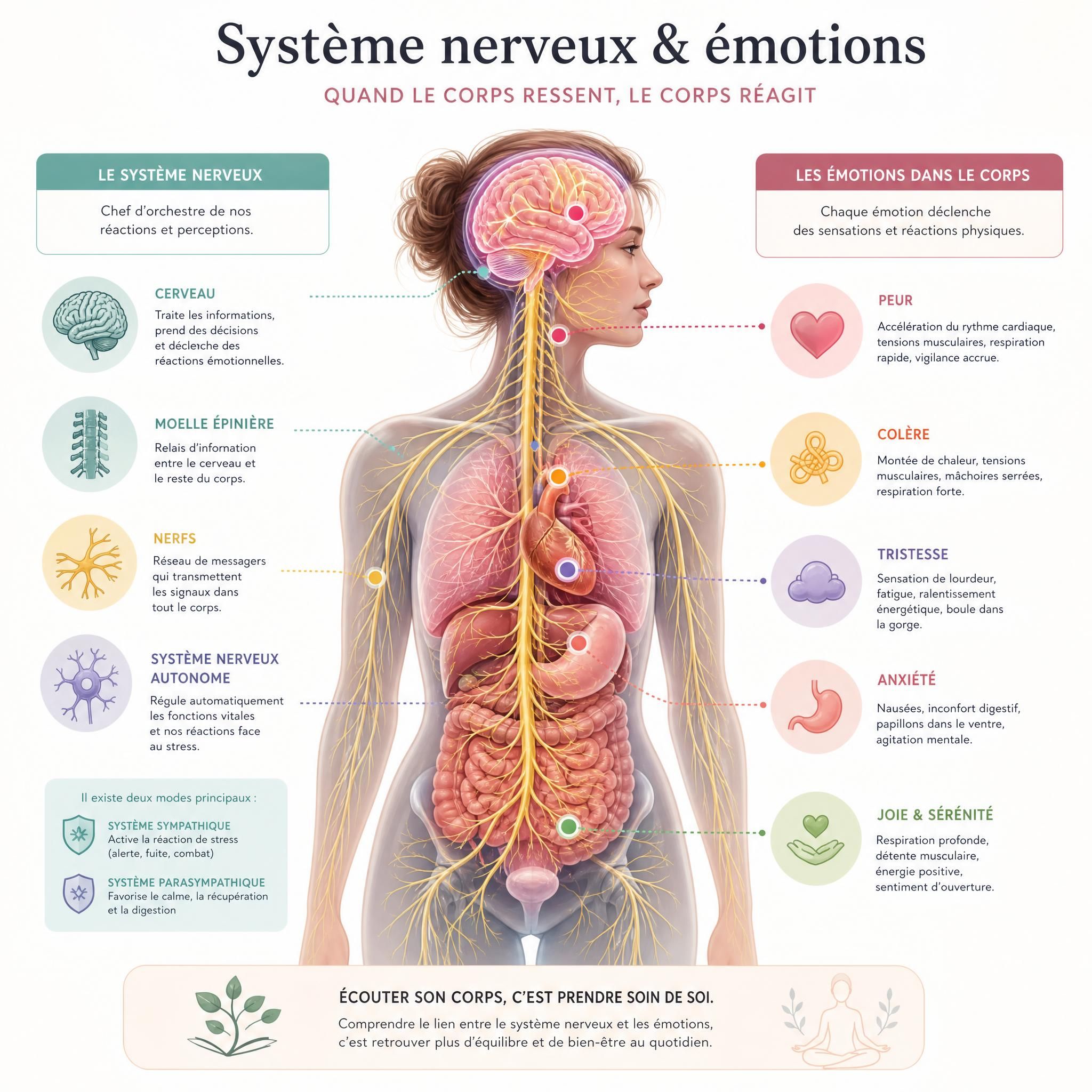 Représentation du système nerveux et des émotions dans le corps humain, illustration anatomique douce et colorée