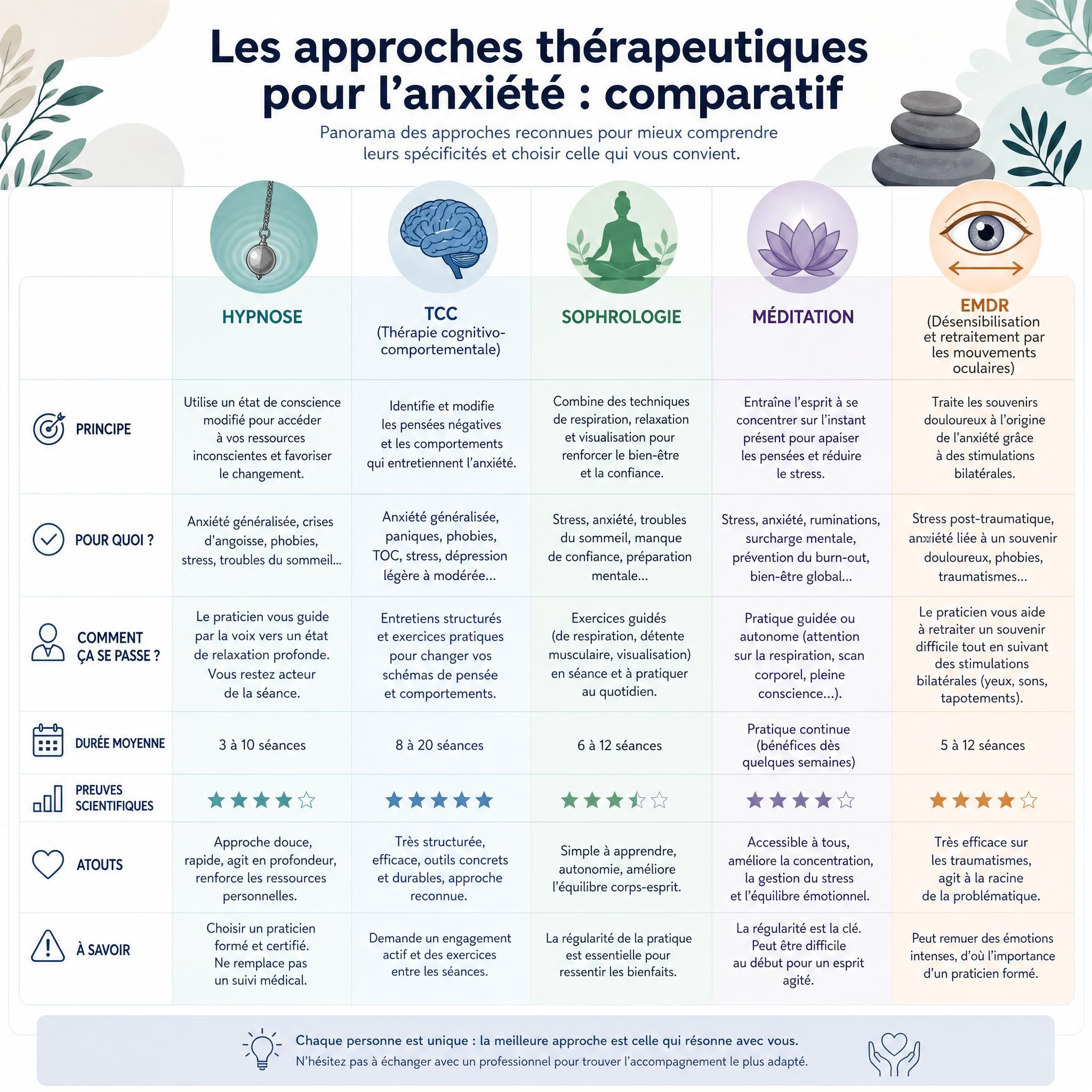 Tableau comparatif illustré des approches thérapeutiques pour l'anxiété - hypnose, TCC, sophrologie, méditation, EMDR