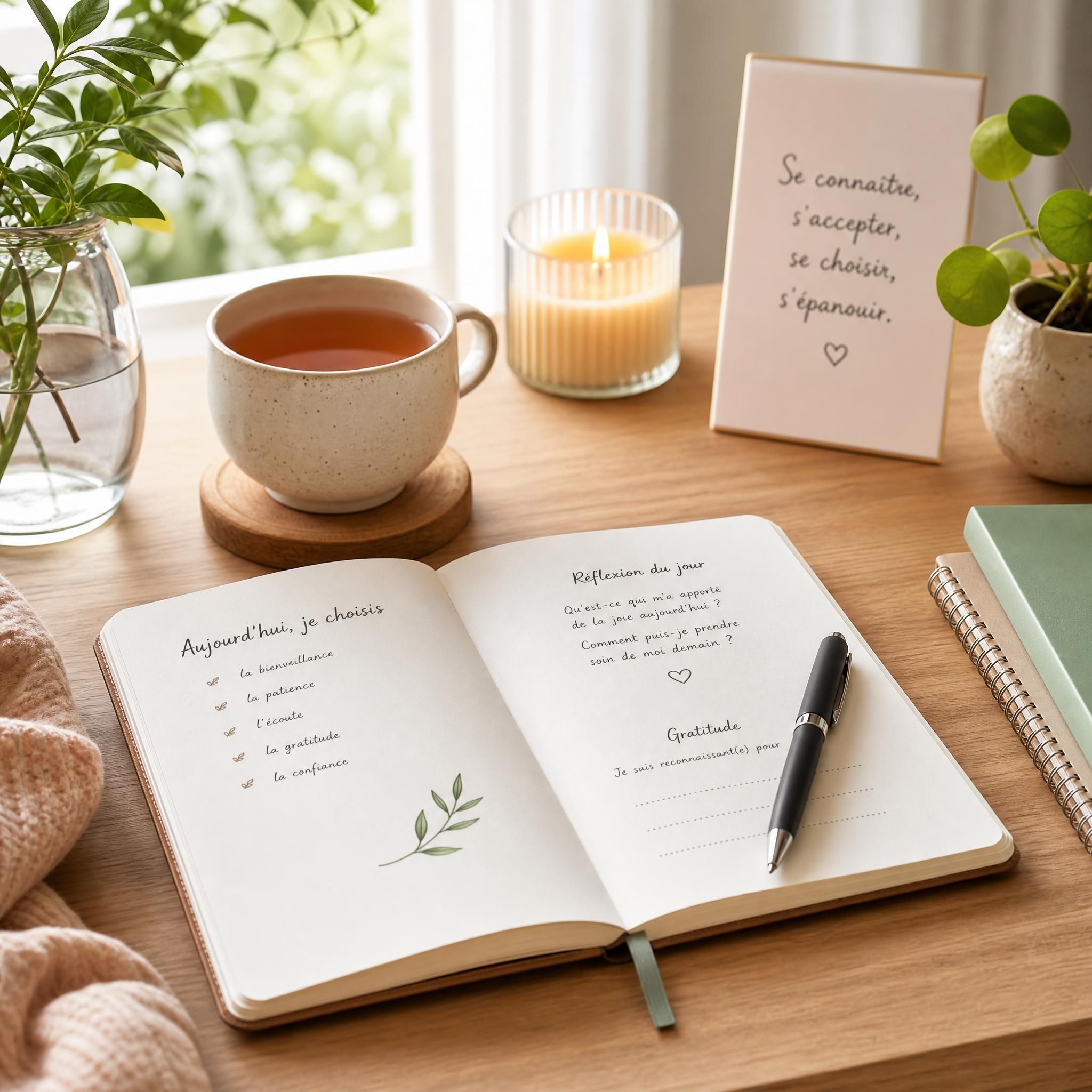Journal thérapeutique ouvert avec stylo, tasse de thé, espace de travail introspectif et bienveillant