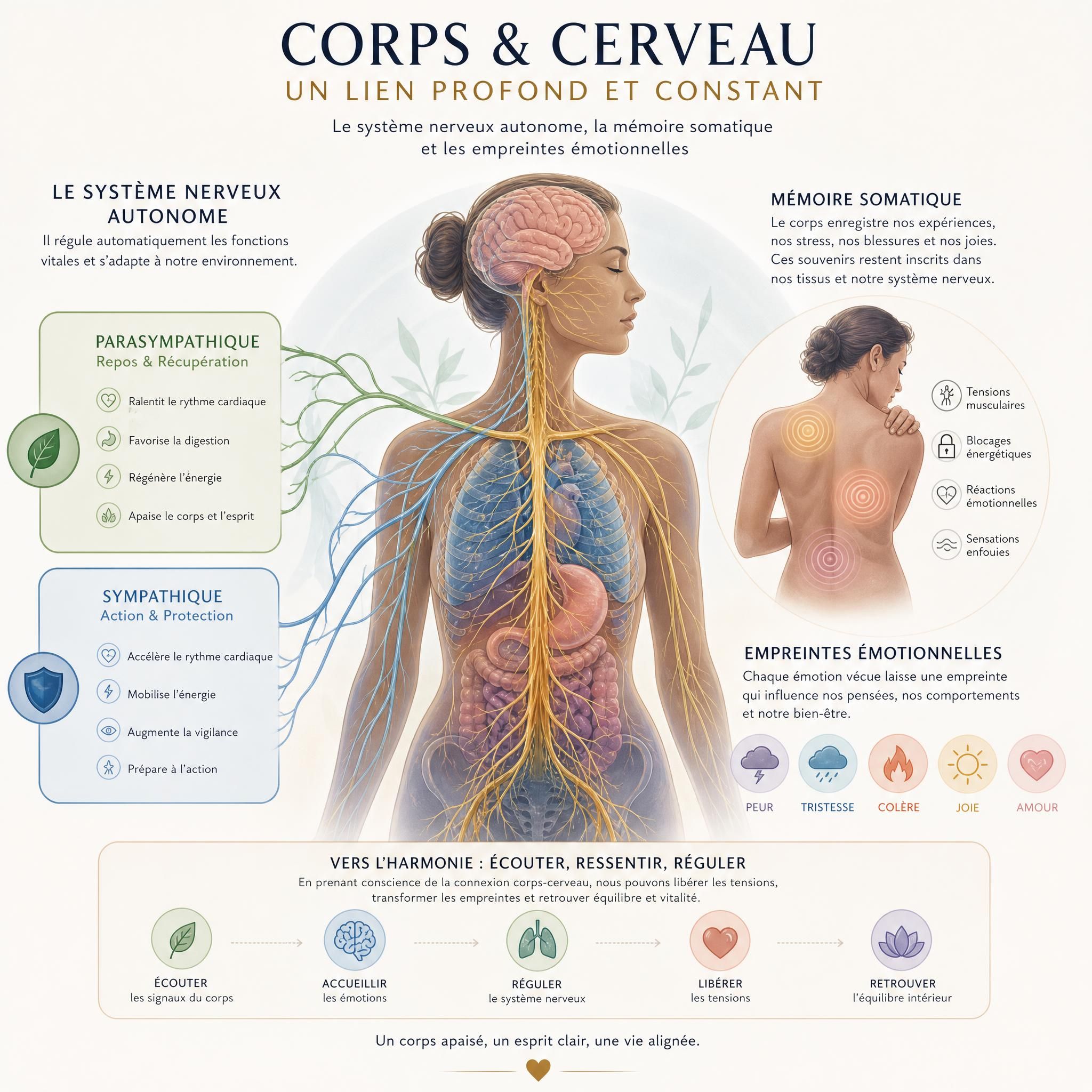 illustration du système nerveux autonome et de la connexion corps-cerveau, représentation visuelle de la mémoire somatique et des empreintes émotionnelles