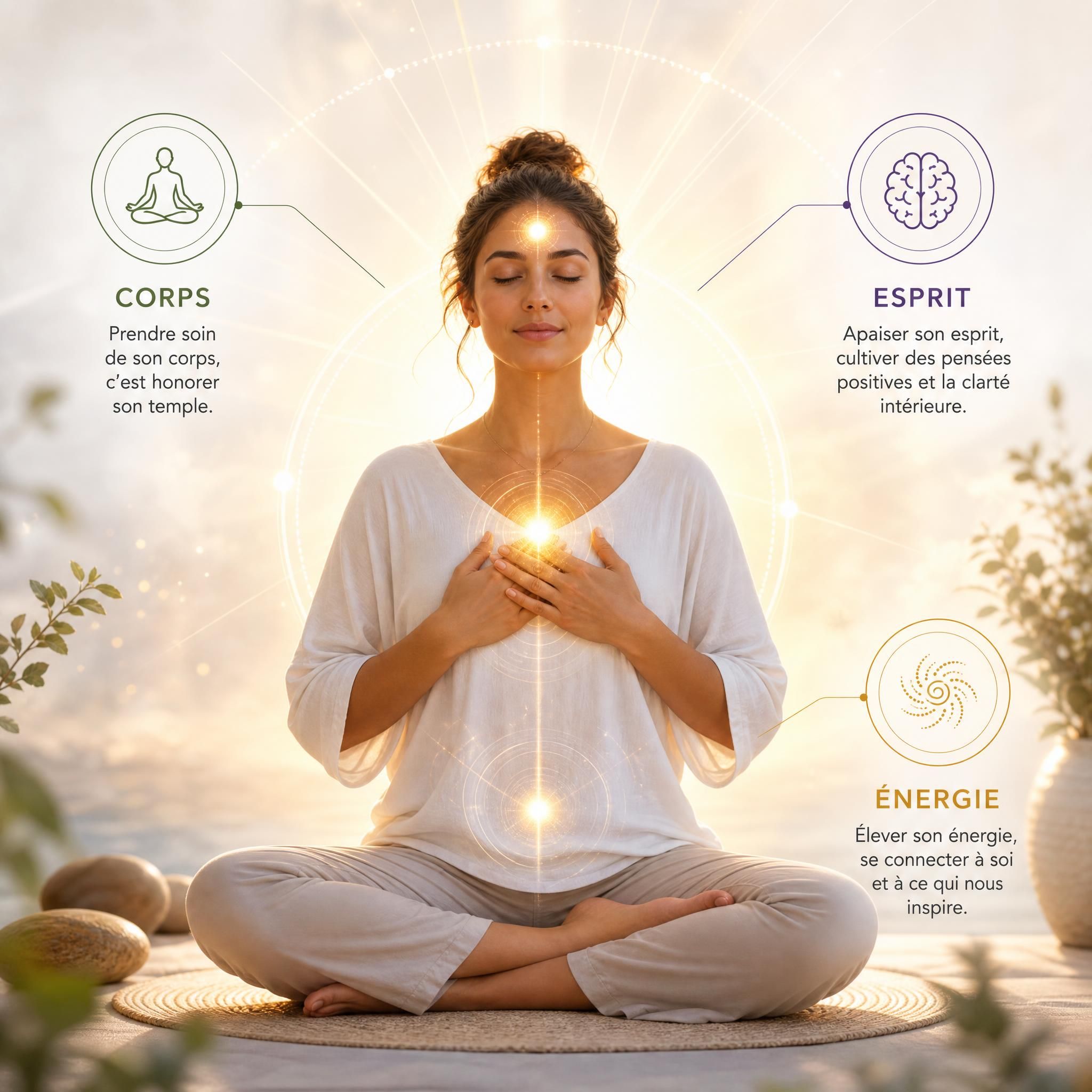 Illustration symbolique des trois dimensions corps-esprit-énergie, femme en posture de centrage avec lumière dorée rayonnante