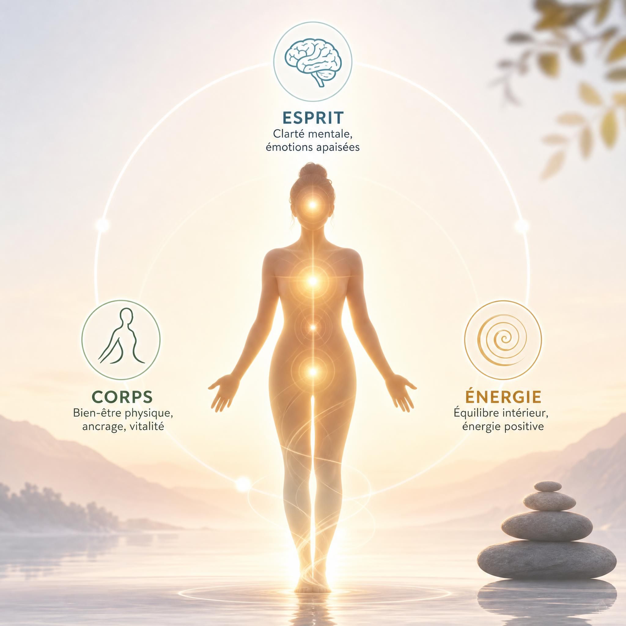 Représentation visuelle harmonieuse des trois dimensions corps, esprit et énergie — une silhouette humaine baignée de lumière douce, symbolisant la cohérence intérieure et l'approche holistique de l'hypnothérapie