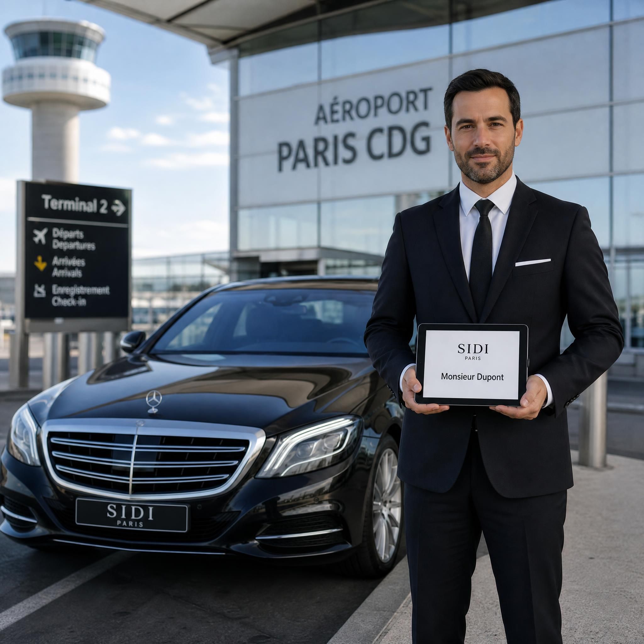 Chauffeur professionnel en costume sombre tenant une tablette nominative devant une Mercedes Classe S noire à l'aéroport CDG Paris — service SIDI Paris