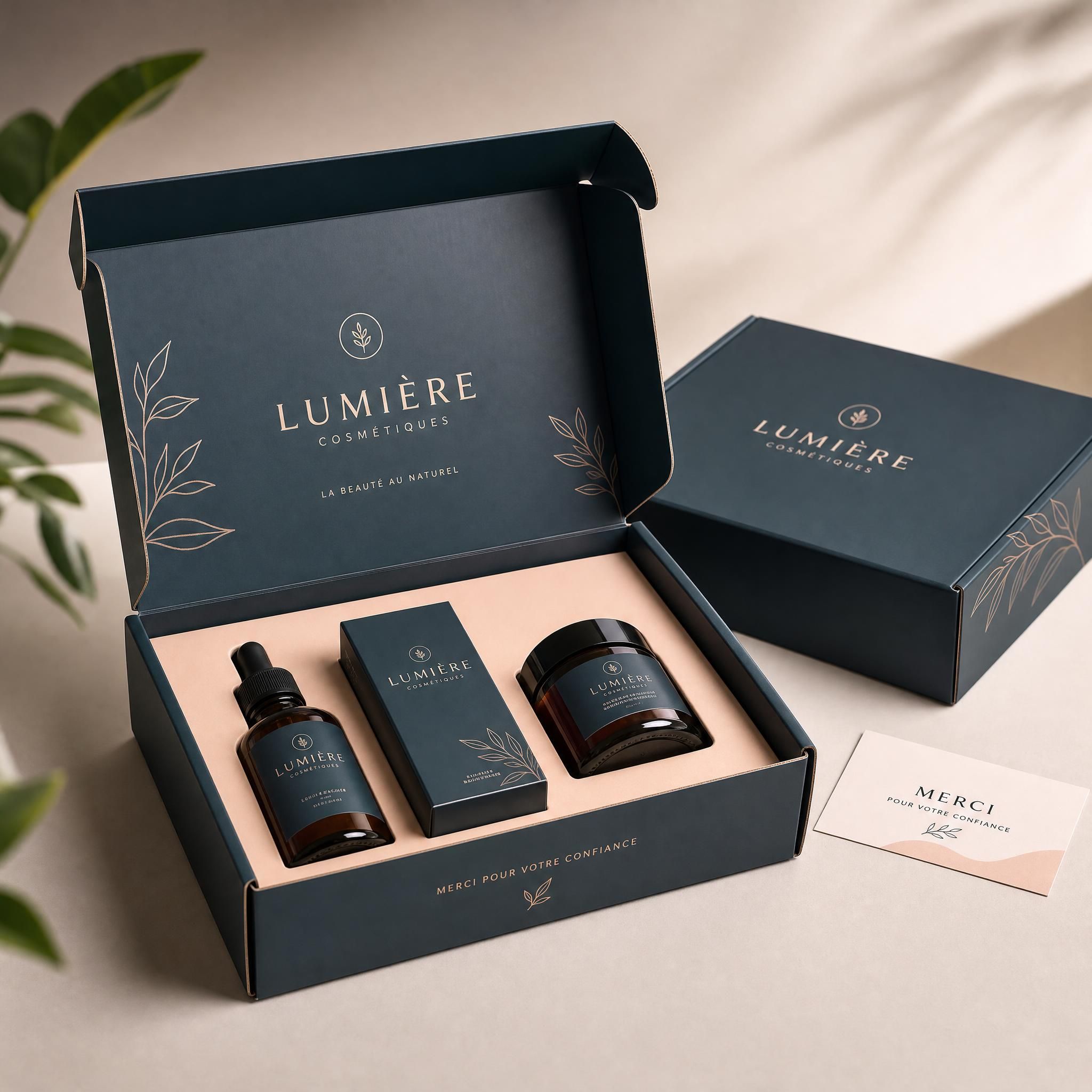 Packaging sur mesure avec finitions soignées — boîte personnalisée aux couleurs d'une marque, détails premium et impression haute qualité