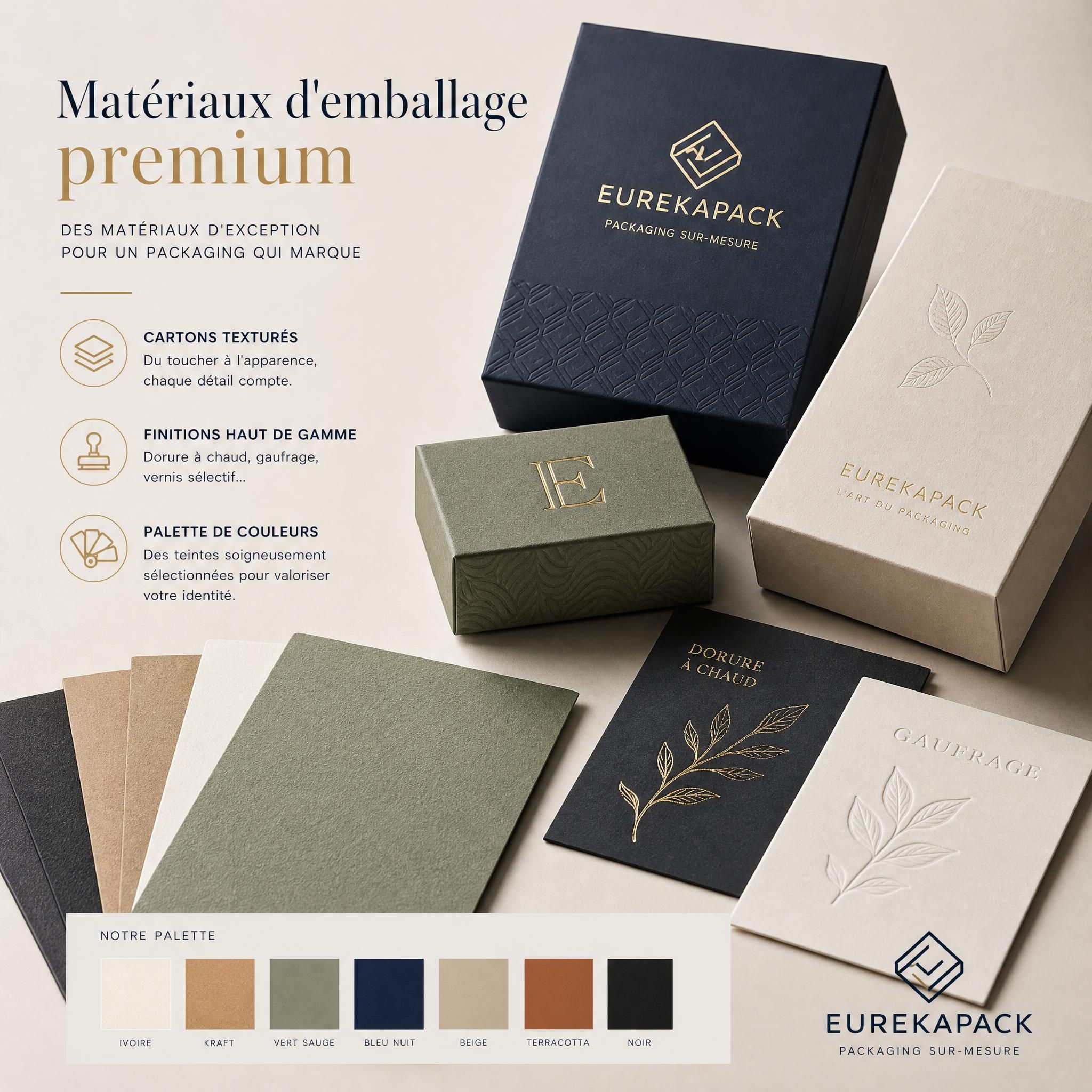 Matériaux d'emballage premium — échantillons de cartons texturés, finitions dorure et gaufrage, palette de couleurs pour packaging personnalisé EUREKAPACK