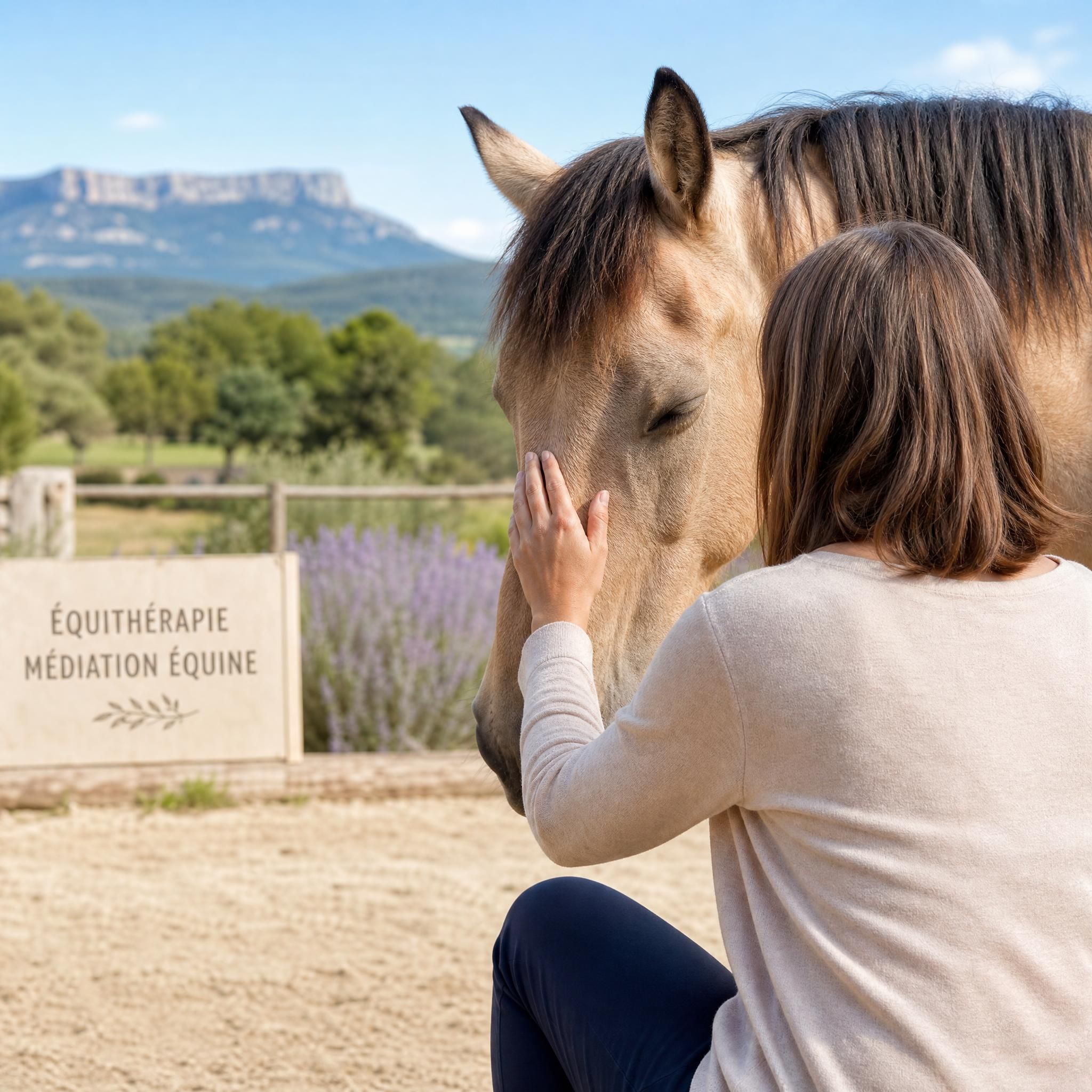 Interaction douce entre une personne adulte et un cheval lors d'une séance d'équithérapie en Drôme provençale — médiation équine, sans visage visible pour la confidentialité