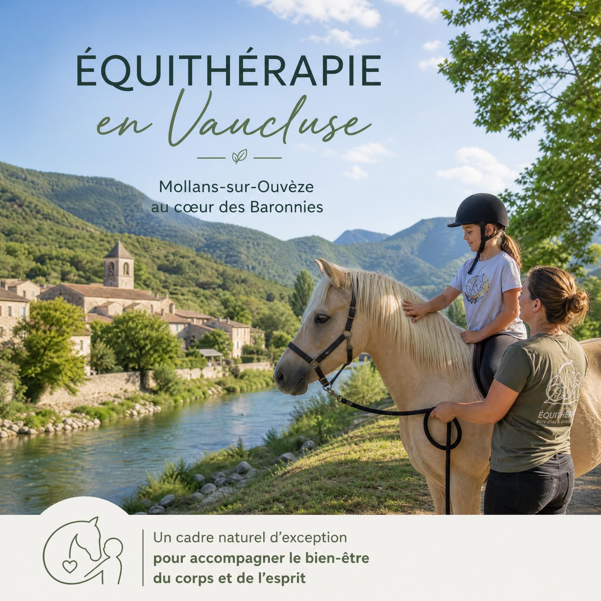 Paysage provençal de Mollans-sur-Ouvèze au cœur des Baronnies, avec l'Ouvèze et les collines verdoyantes en arrière-plan — cadre naturel d'une séance d'équithérapie Vaucluse