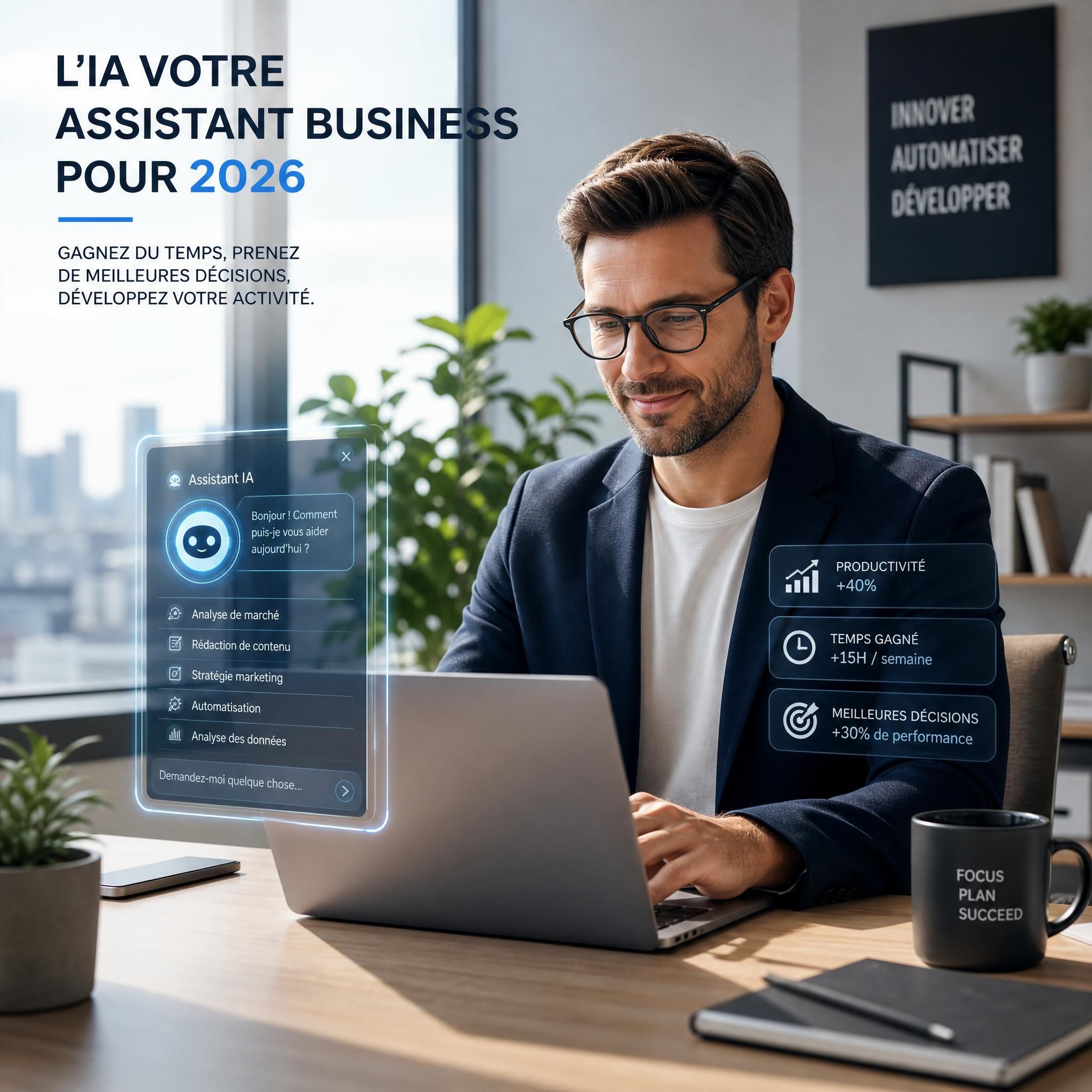 Entrepreneur utilisant un assistant IA sur son ordinateur portable dans un bureau moderne, intelligence artificielle business 2026