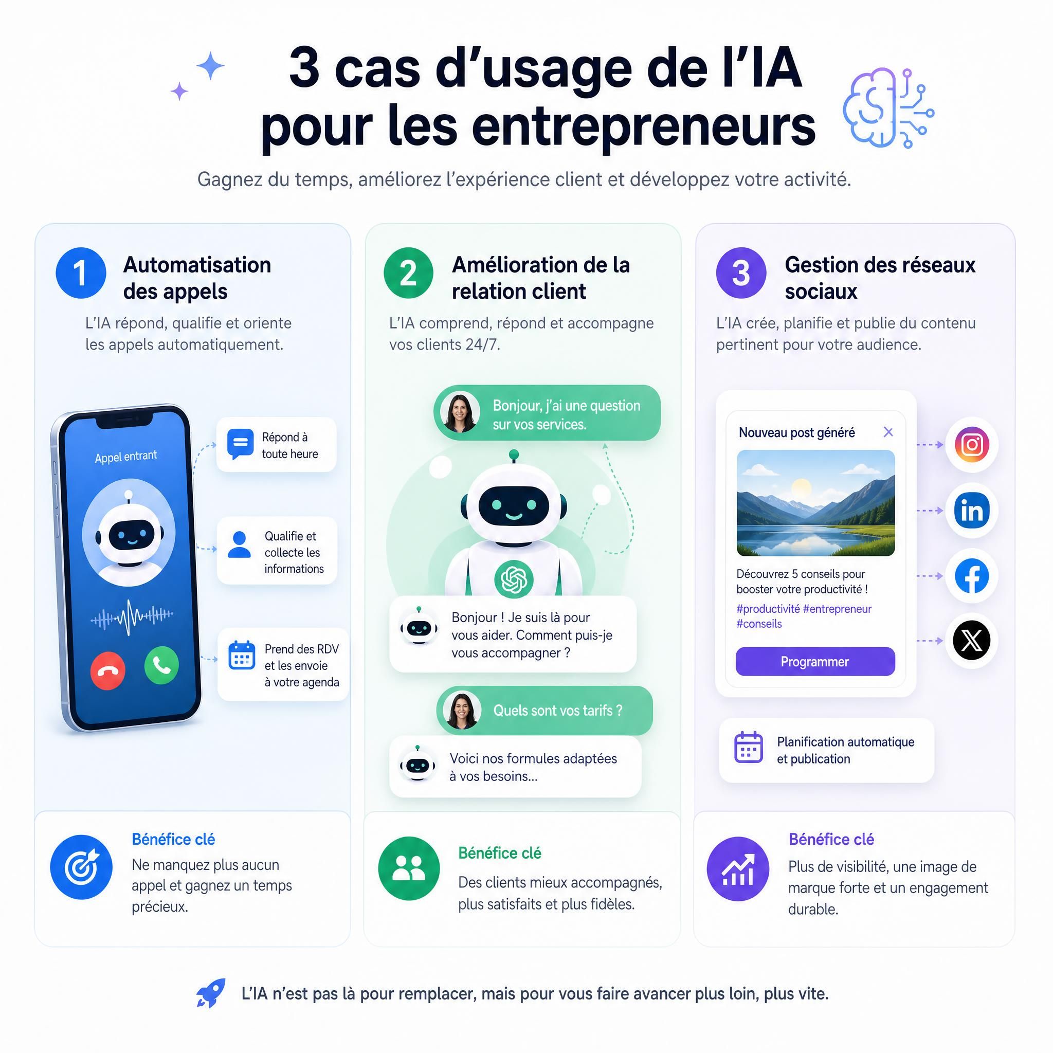 Schéma illustrant trois cas d'usage de l'IA pour entrepreneurs - automatisation appels, relation client et réseaux sociaux