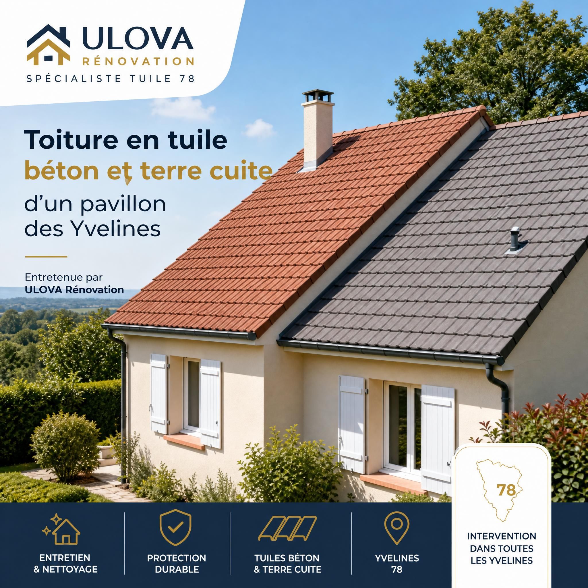 Toiture en tuile béton et terre cuite d'un pavillon des Yvelines entretenu par ULOVA Rénovation, spécialiste tuile 78