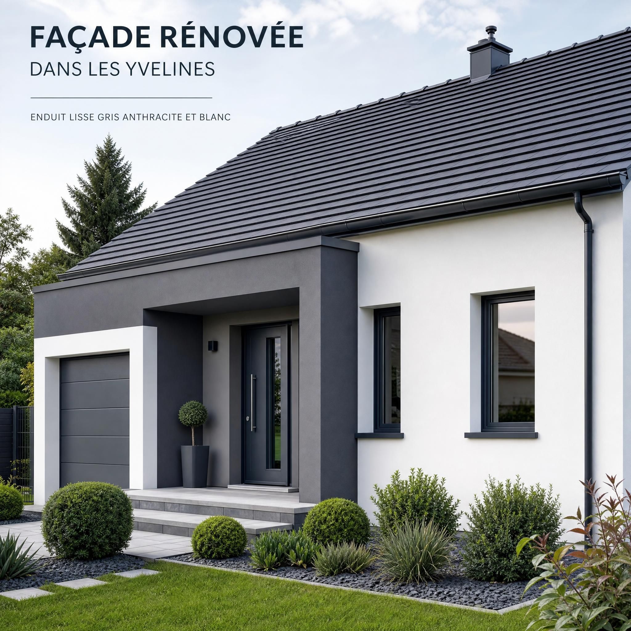 Façade rénovée de maison pavillonnaire dans les Yvelines, enduit lisse gris anthracite et blanc, style sobre et professionnel
