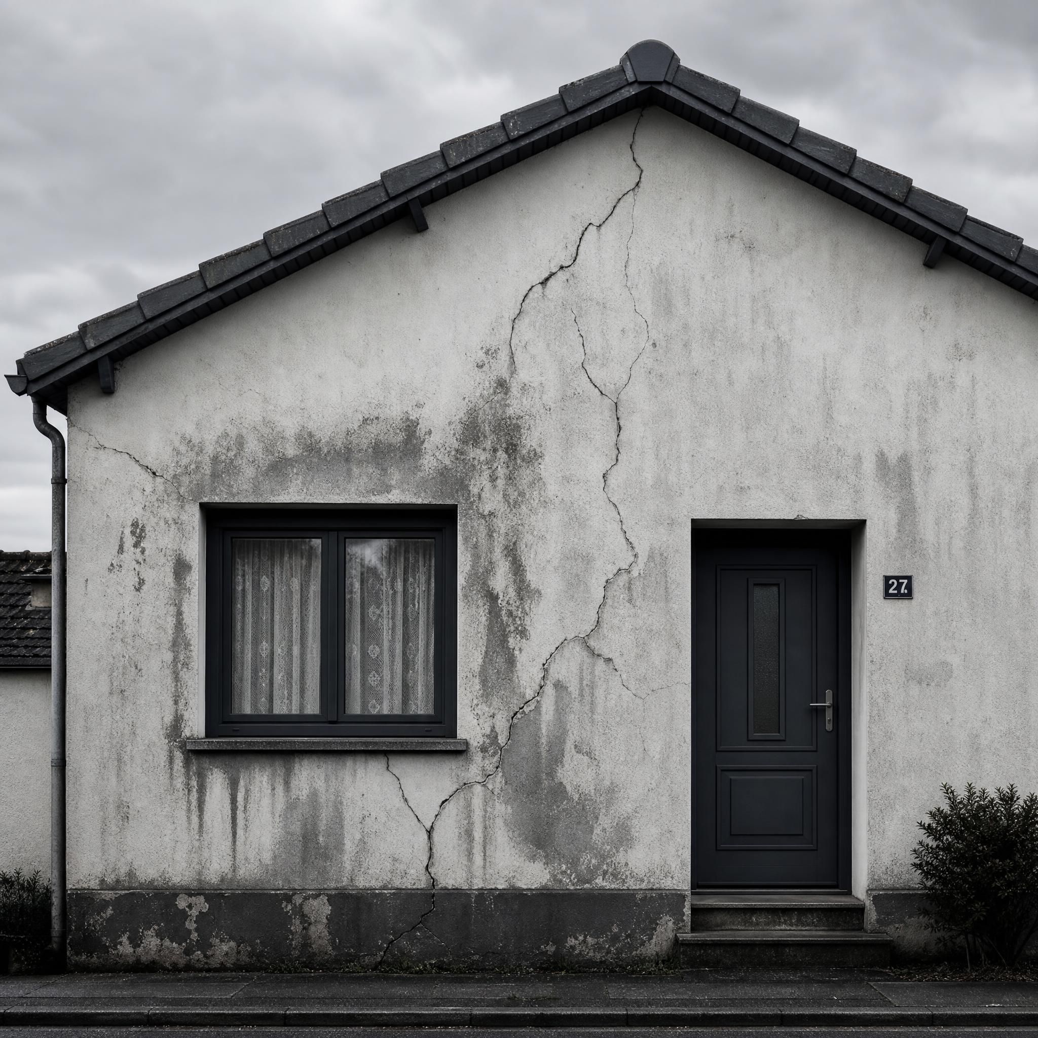 Façade de maison pavillonnaire présentant des fissures et traces d'humidité sur enduit ancien, illustration sobre en tons gris anthracite